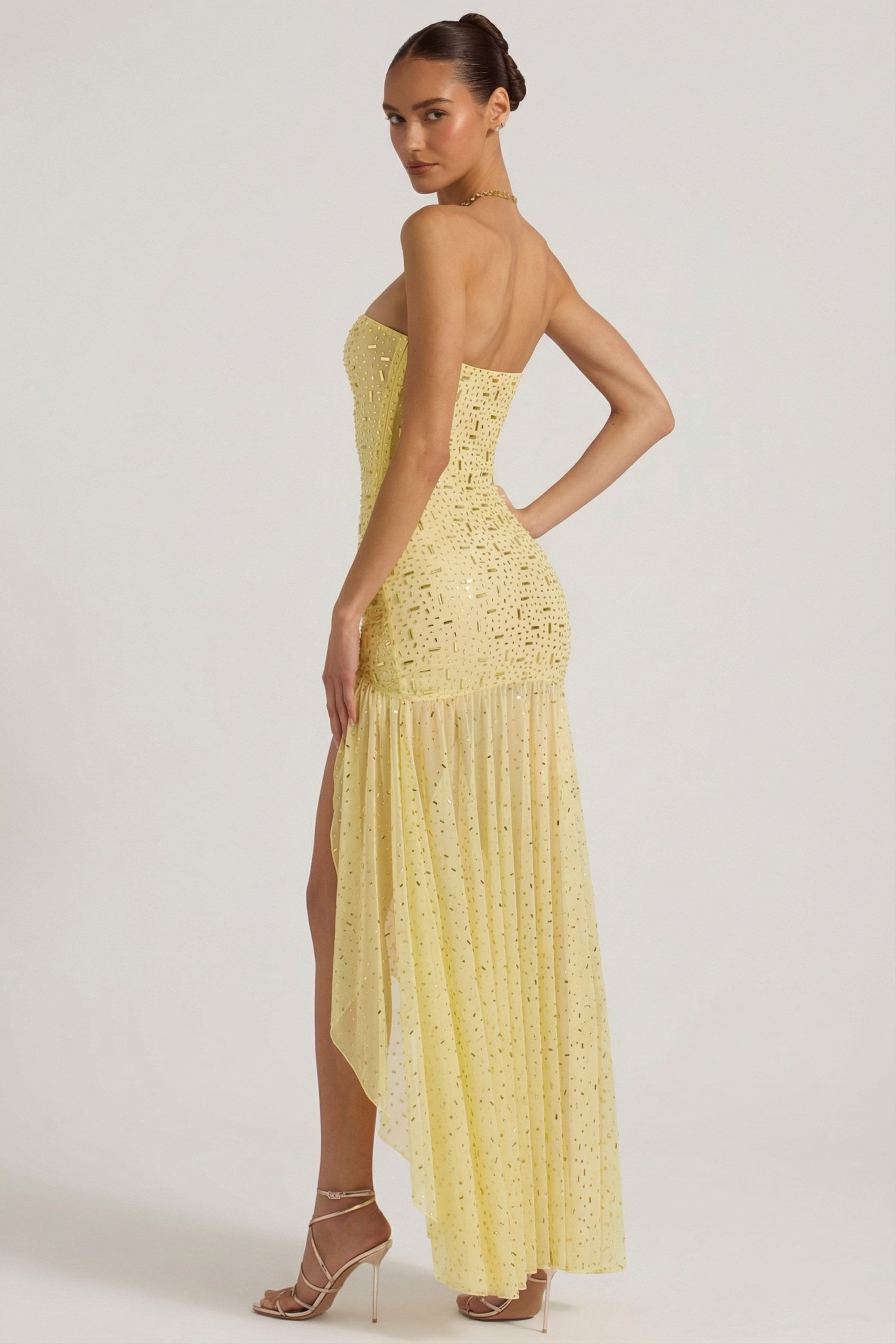 Semi-Sheer Embellished Asymmetric Maxi Dress in Yellow - Image 6