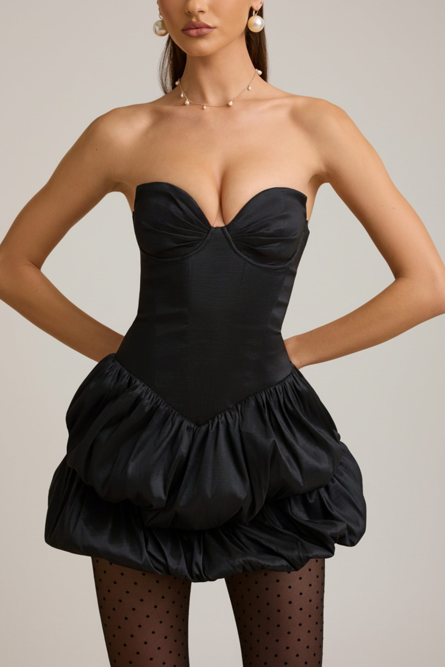 Satin Bubble Hem Corset Mini Dress in Black - Image 4