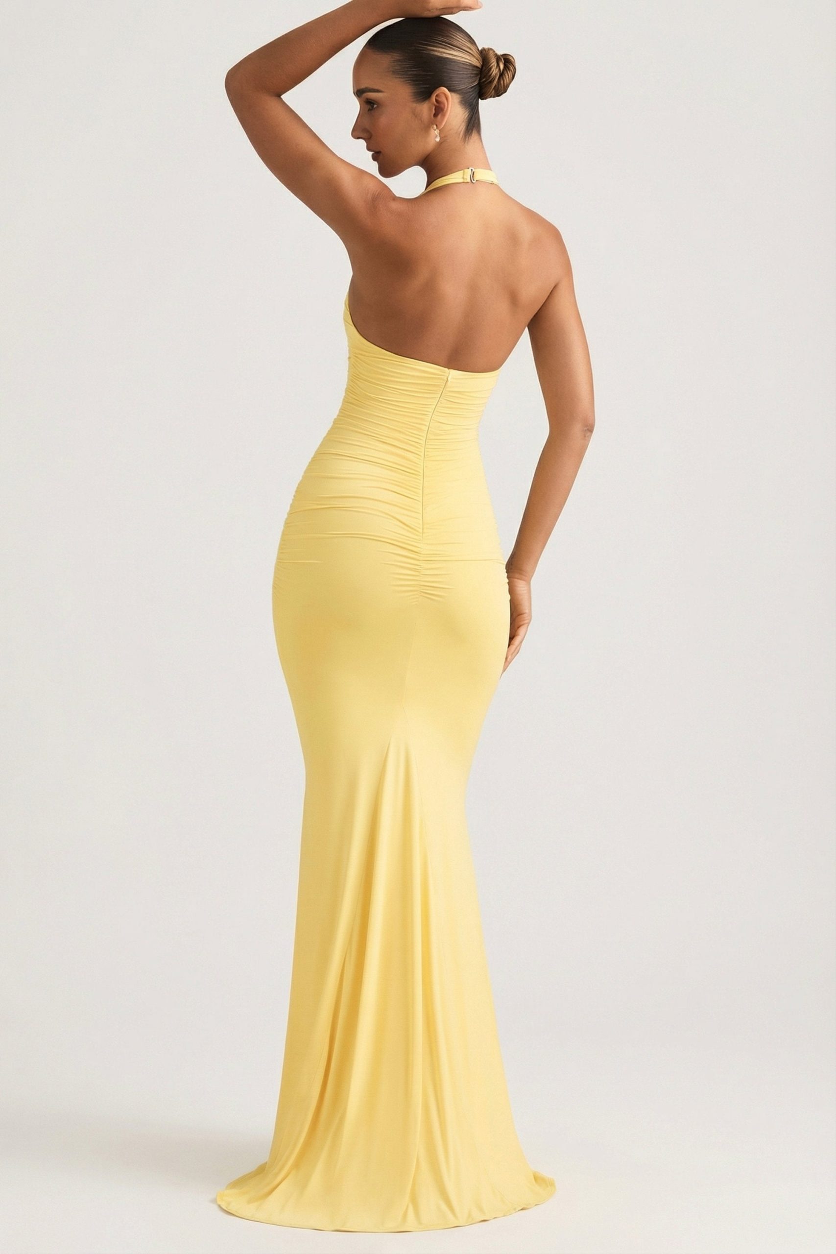 Ruched Backless Halterneck Gown in Pastel Yellow - Image 2