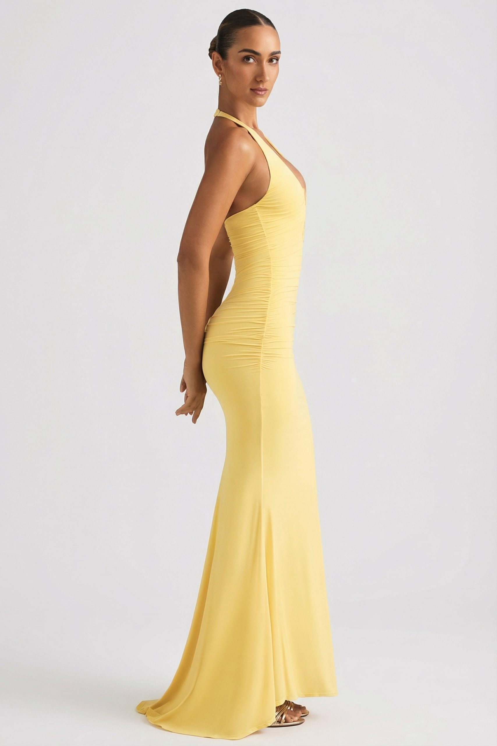 Ruched Backless Halterneck Gown in Pastel Yellow - Image 3