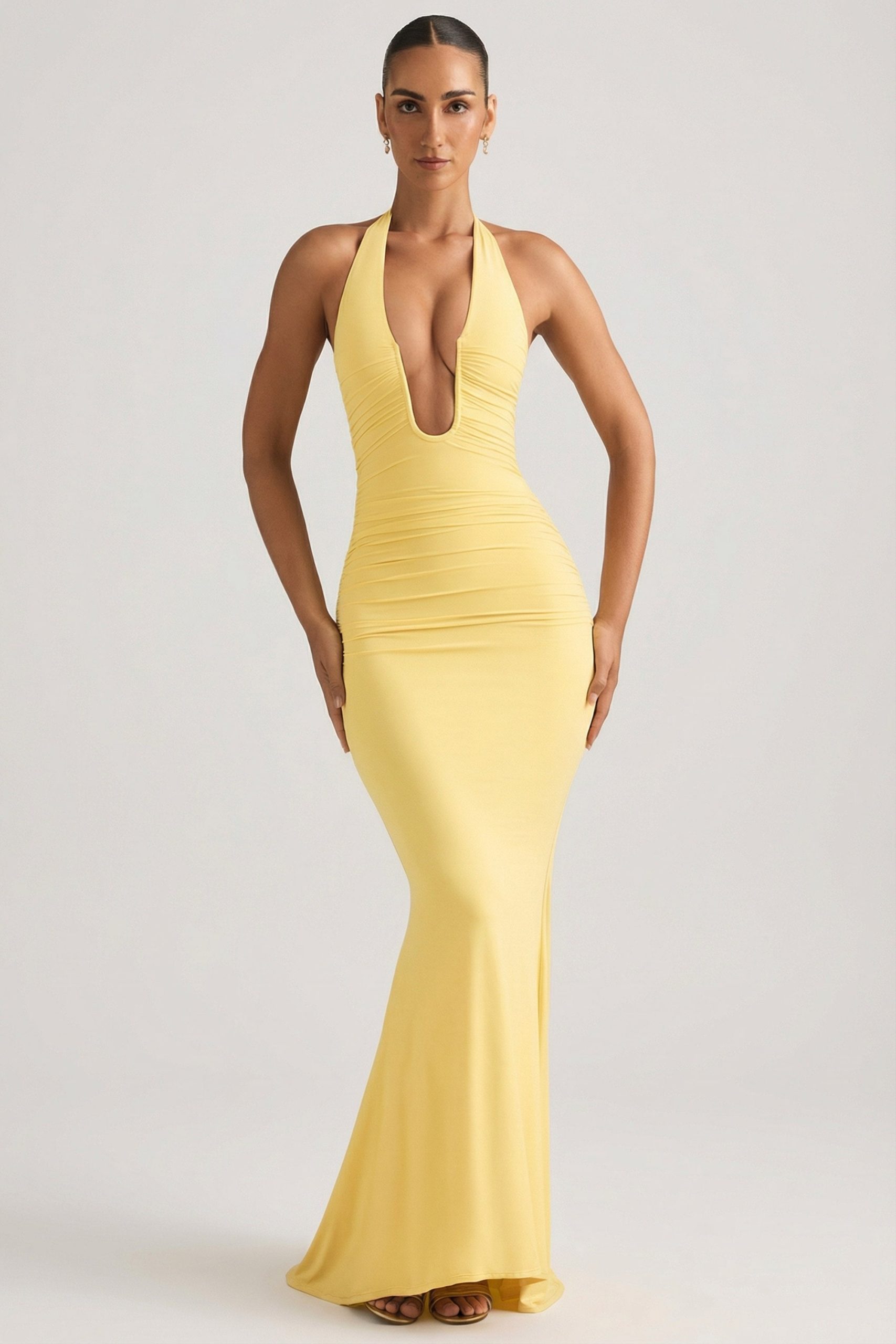 Ruched Backless Halterneck Gown in Pastel Yellow - Image 5