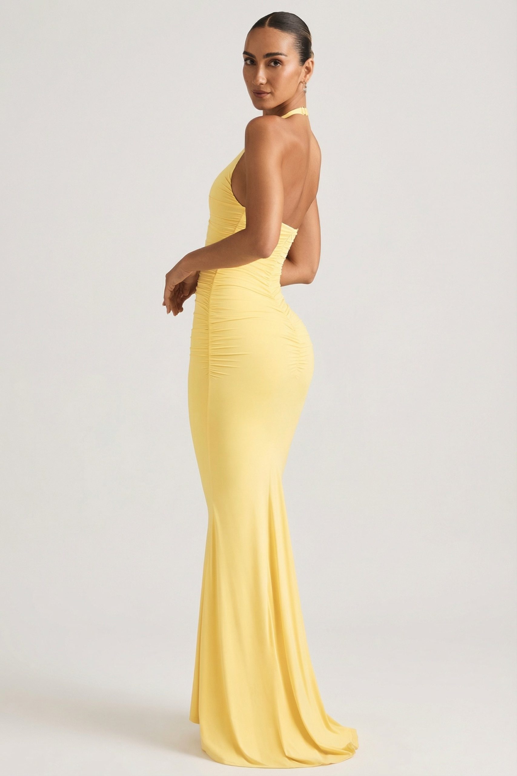 Ruched Backless Halterneck Gown in Pastel Yellow - Image 6
