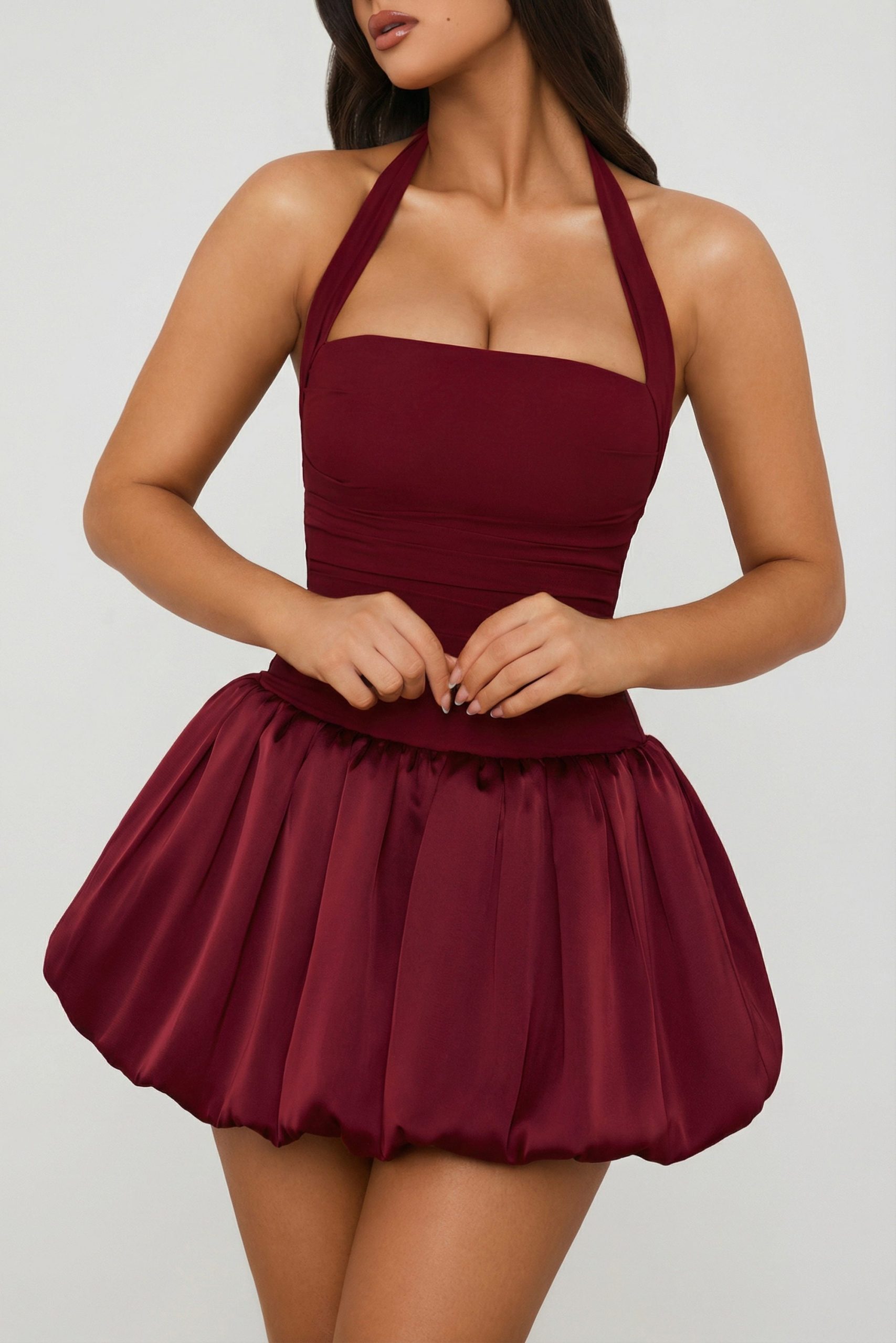 Halterneck Lace-Up Bubble Hem Corset Micro Mini Dress in Berry Red - Image 3