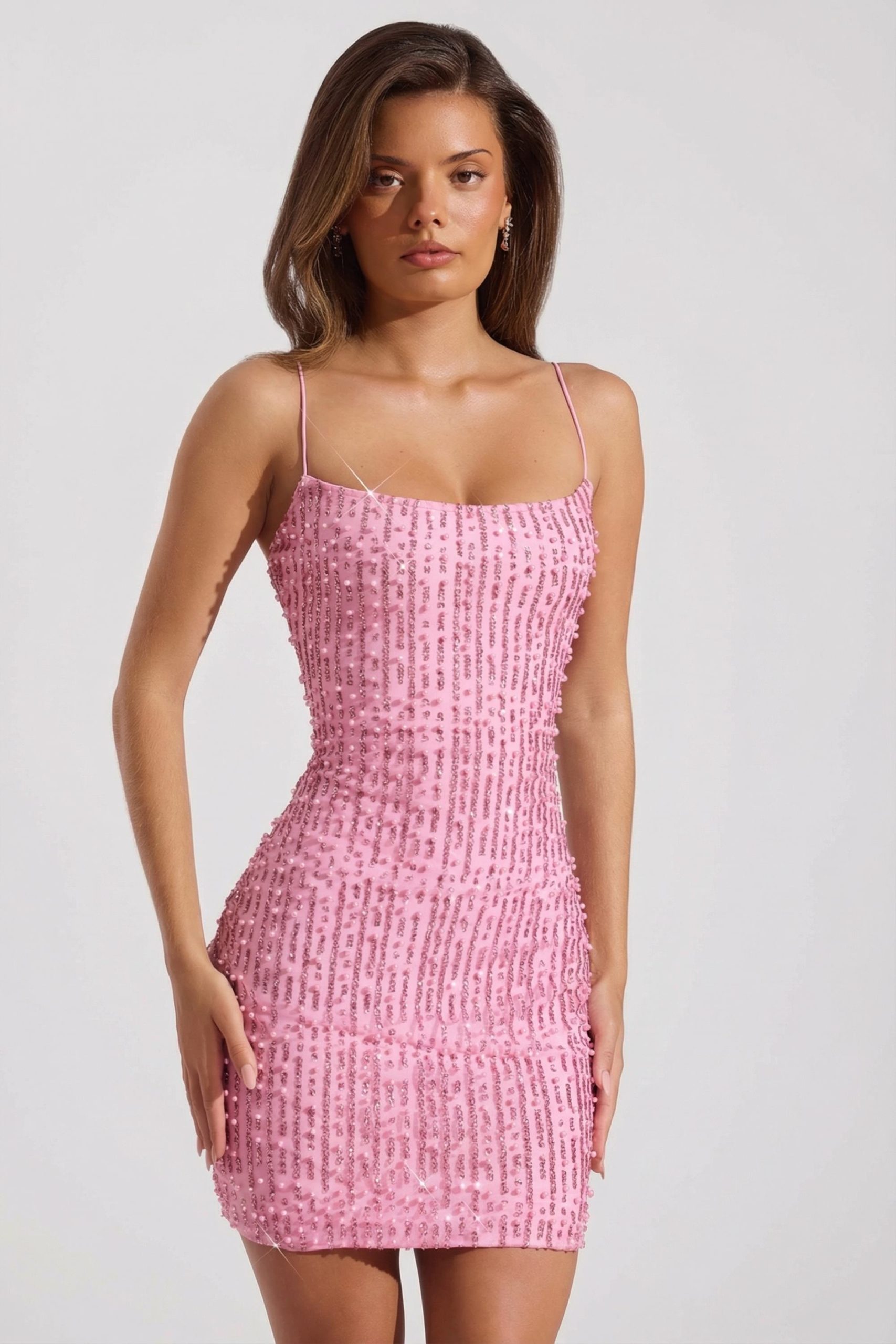 Embellished Scoop-Neck Bodycon Mini Dress in Pink - Image 6