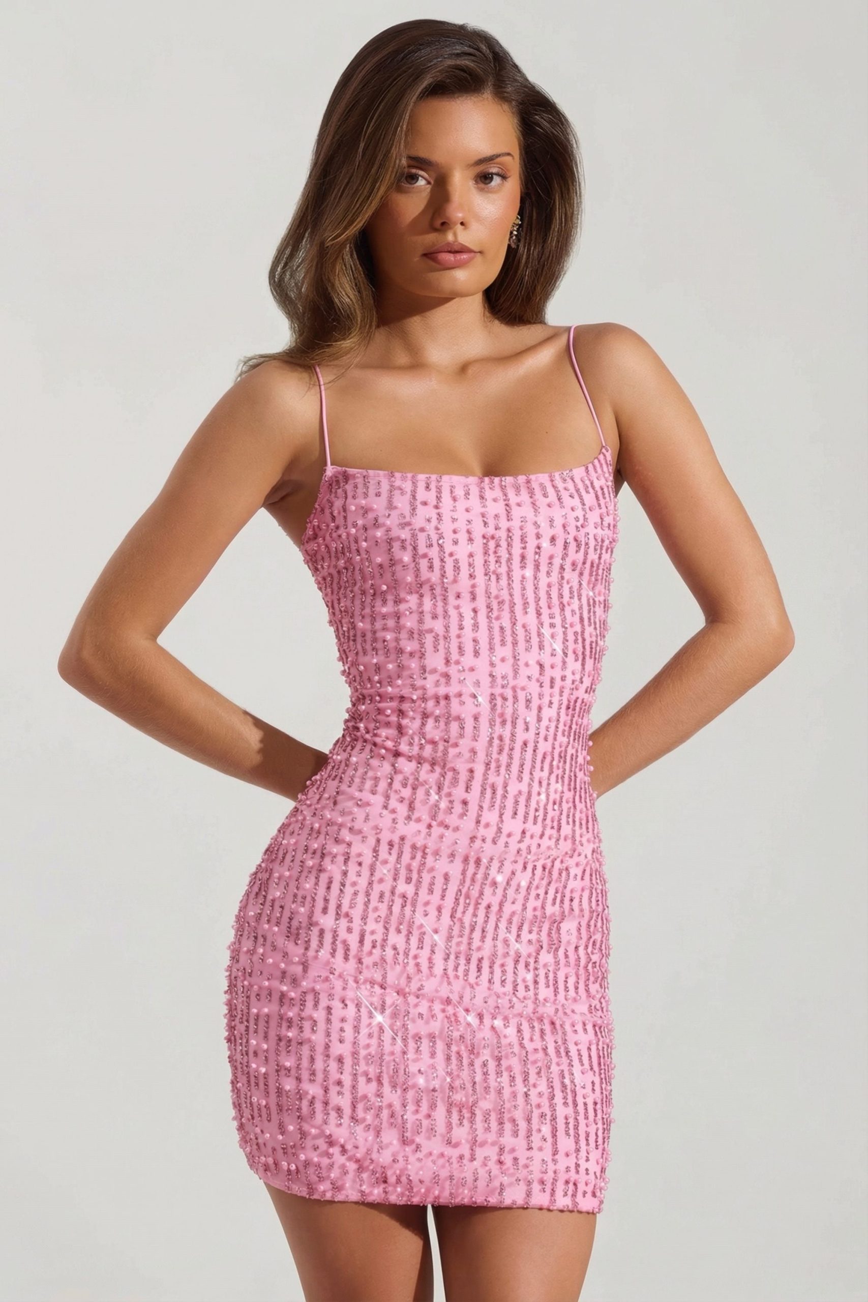 Embellished Scoop-Neck Bodycon Mini Dress in Pink - Image 7