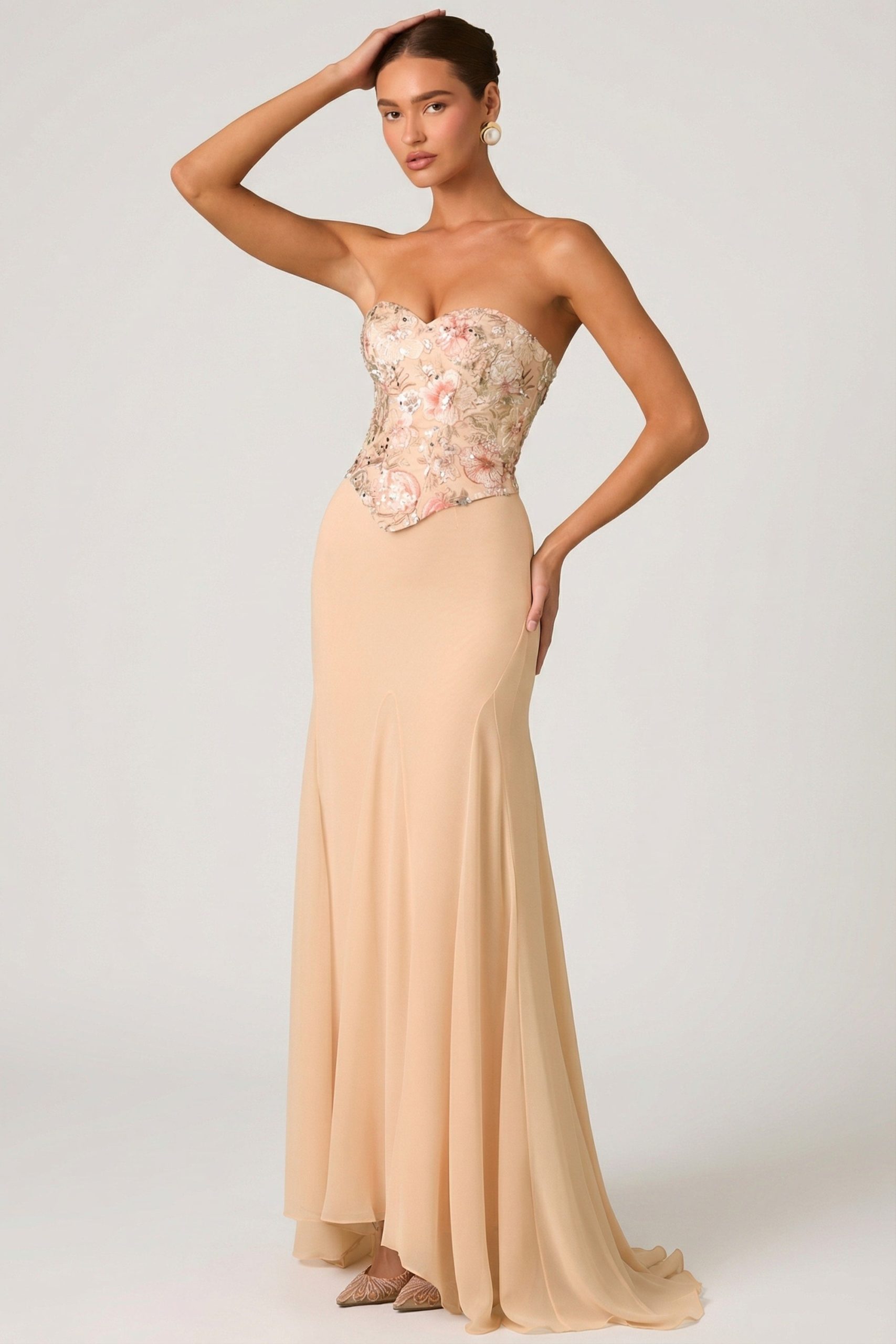 Embellished Corset Fishtail Gown in Floral Beige - Image 7