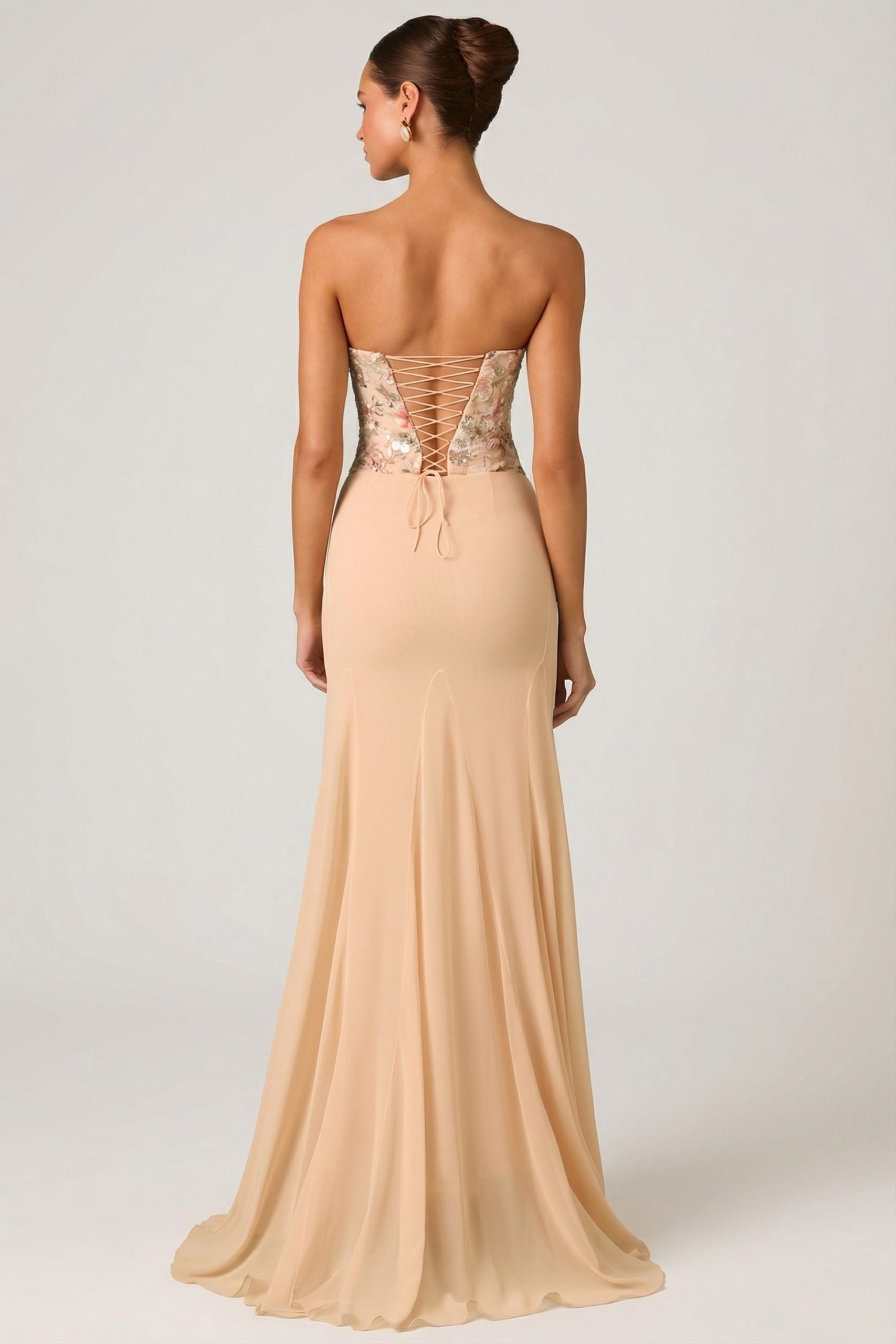 Embellished Corset Fishtail Gown in Floral Beige - Image 2
