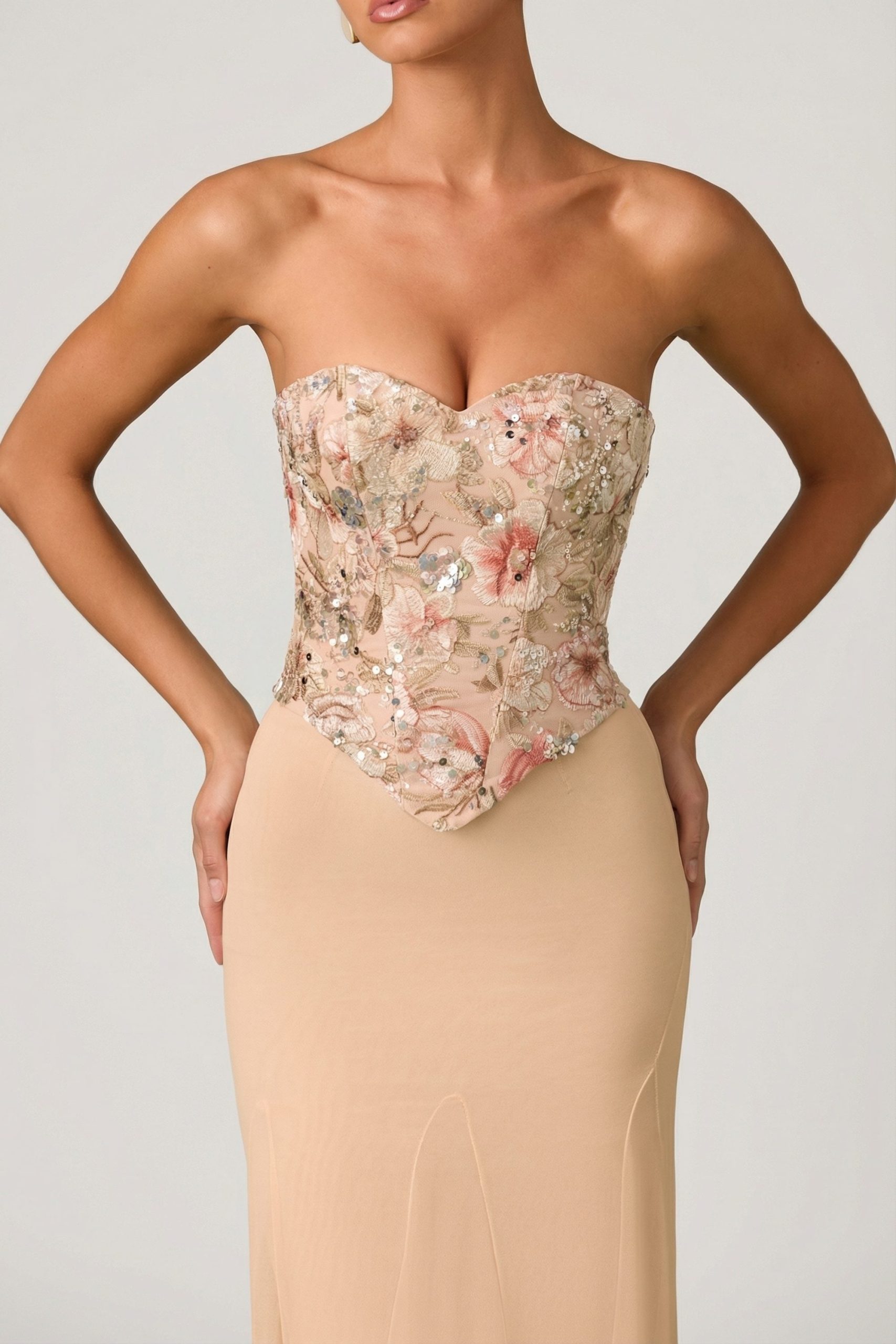 Embellished Corset Fishtail Gown in Floral Beige - Image 3