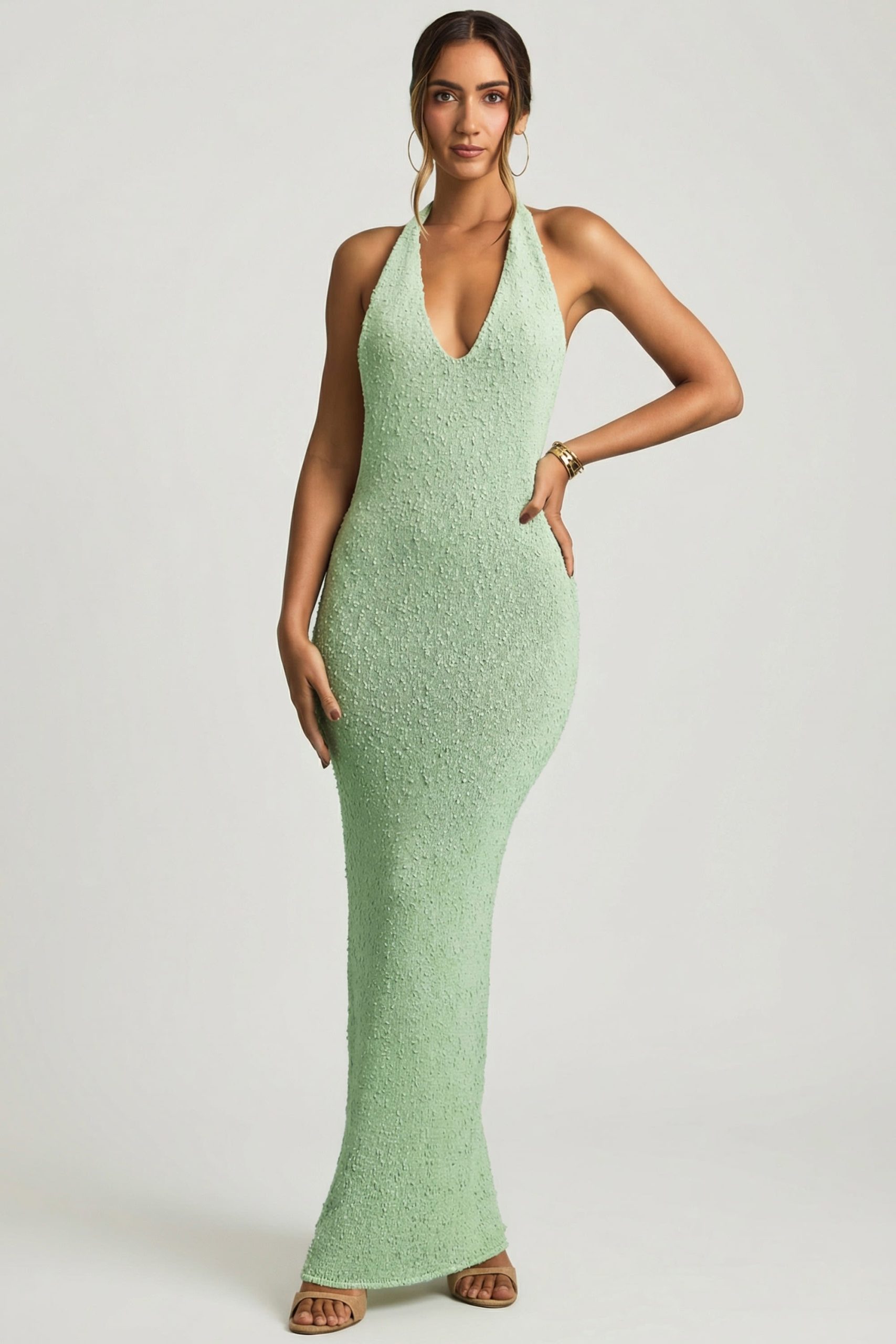 Boucl?? Halterneck Maxi Dress in Mint - Image 2