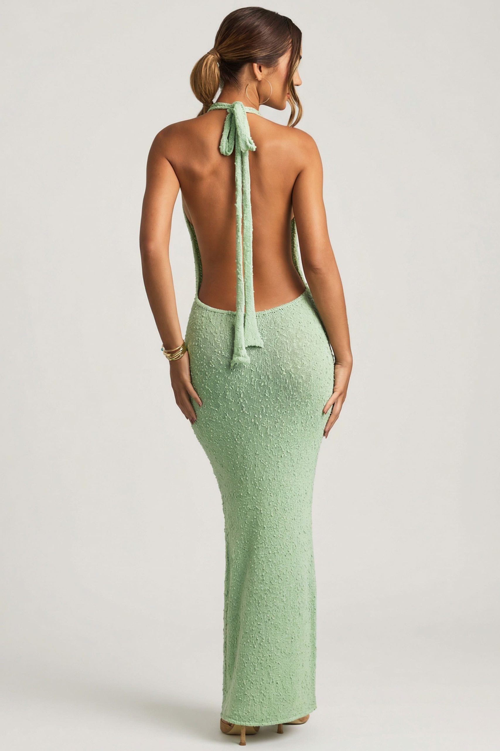 Boucl?? Halterneck Maxi Dress in Mint - Image 5