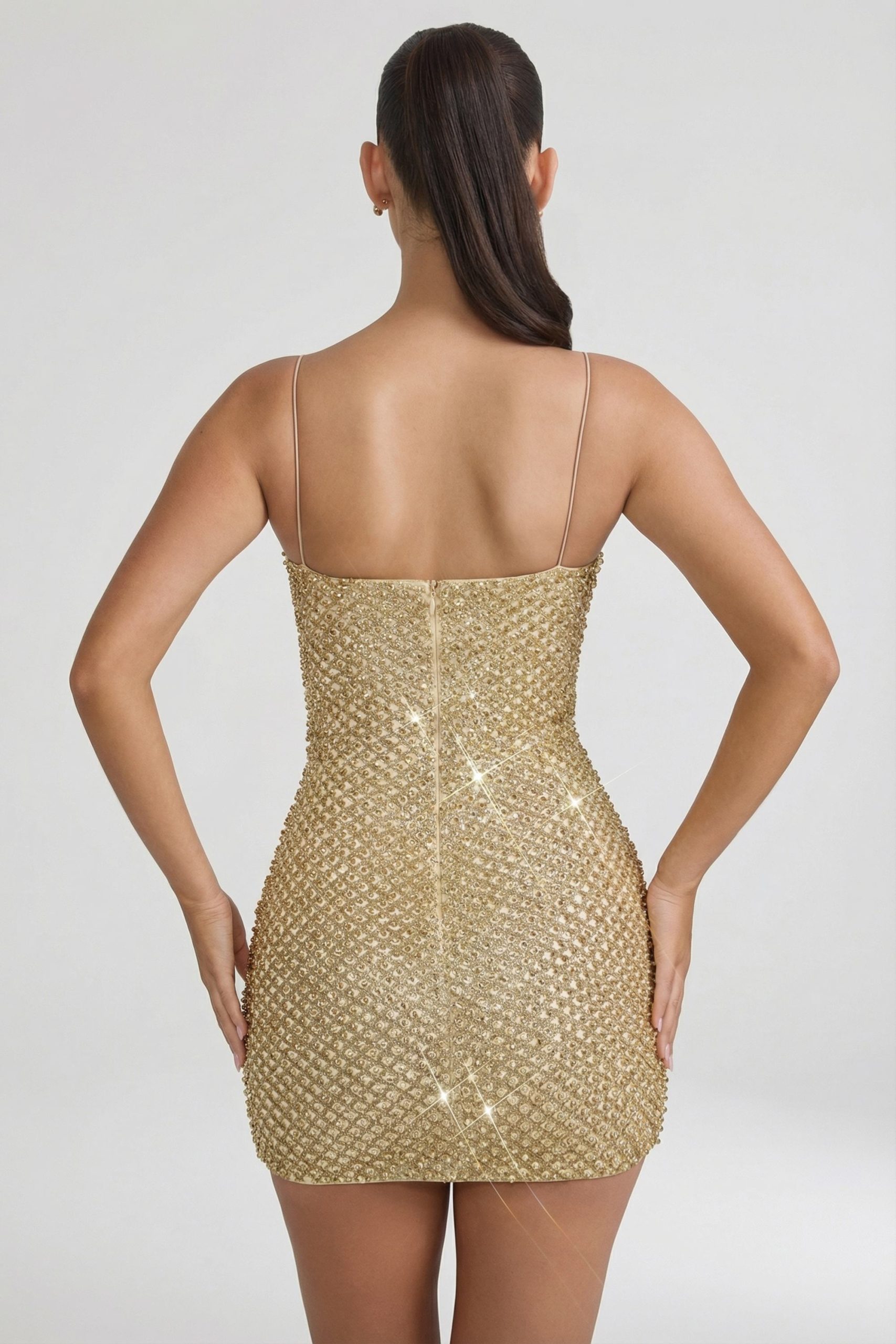 Embellished Sweetheart-Neck Mini Dress in Gold - Image 2