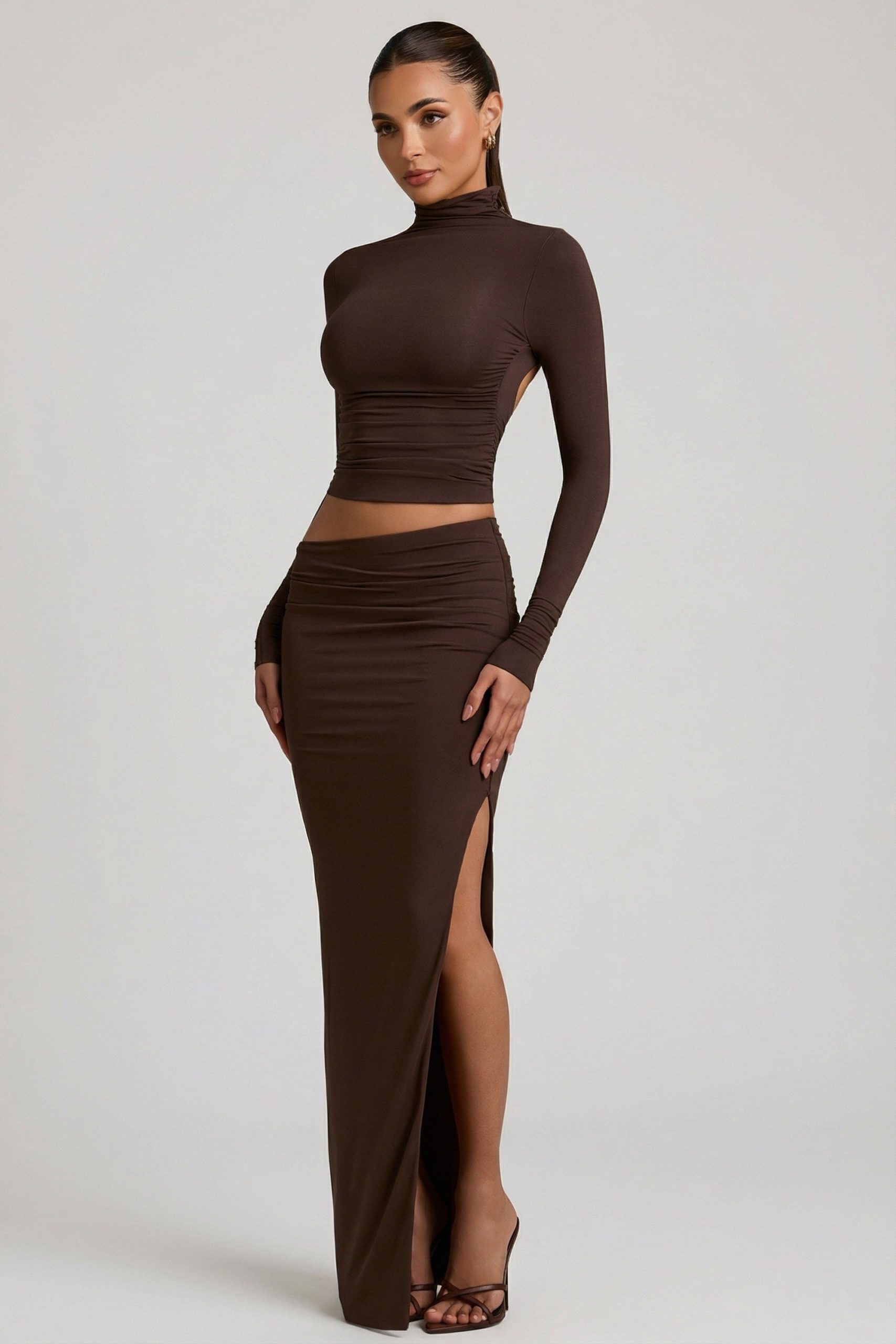 Modal Asymmetric-Waist Maxi Skirt in Chocolate Brown - Image 9
