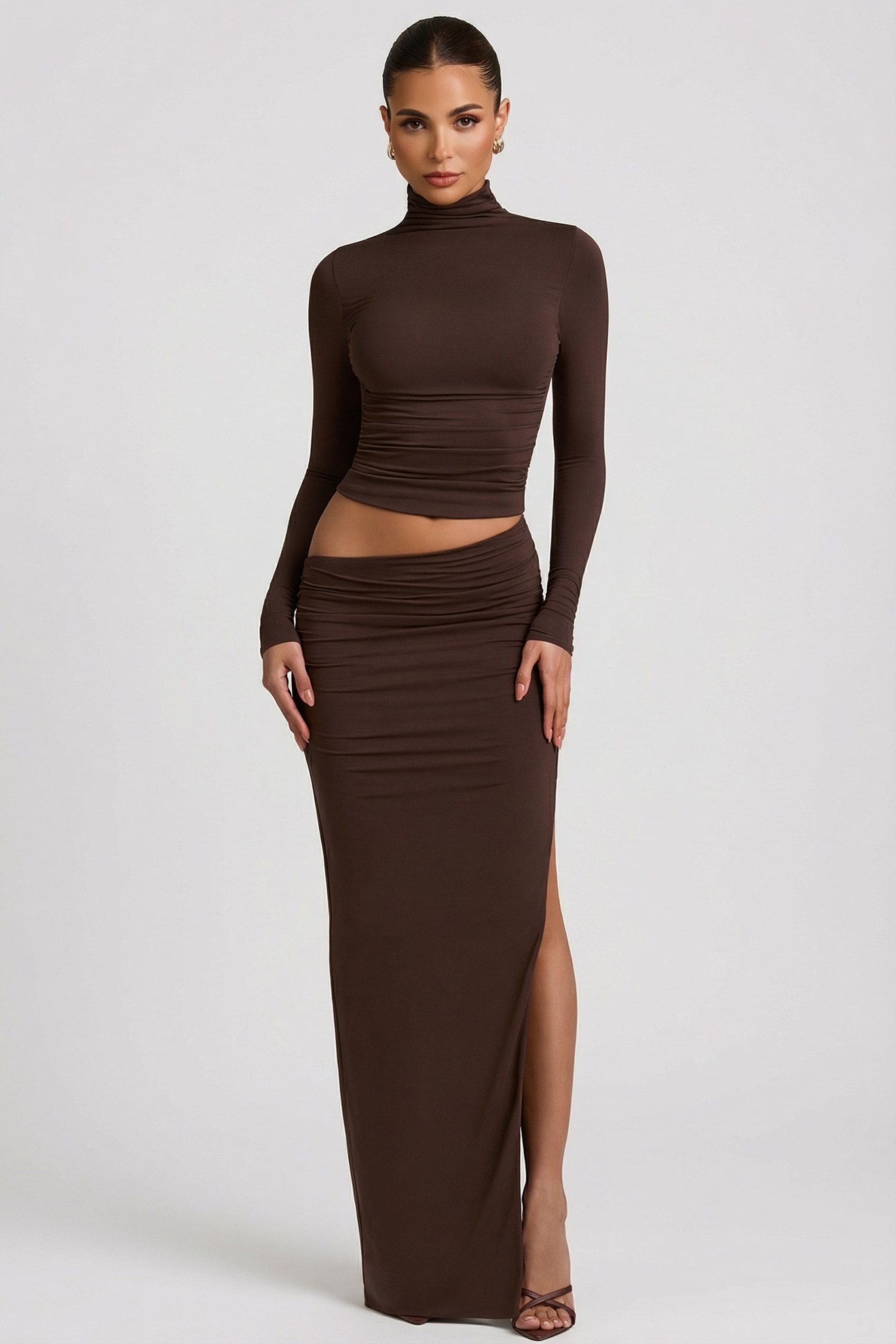Modal Asymmetric-Waist Maxi Skirt in Chocolate Brown - Image 10