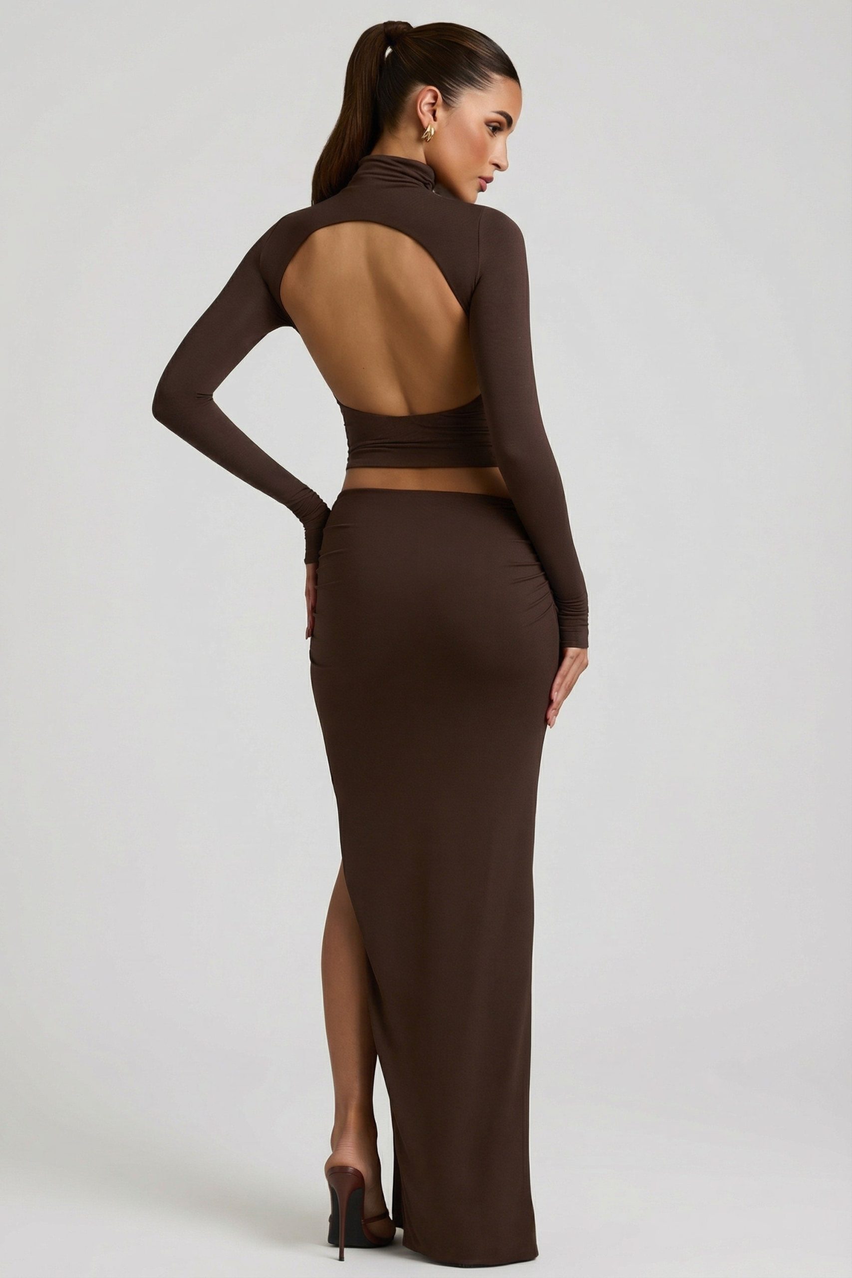 Modal Asymmetric-Waist Maxi Skirt in Chocolate Brown - Image 2