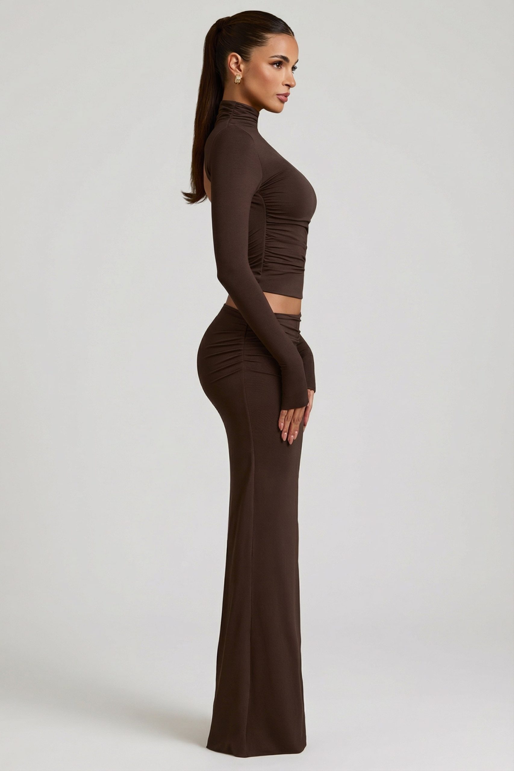 Modal Asymmetric-Waist Maxi Skirt in Chocolate Brown - Image 3