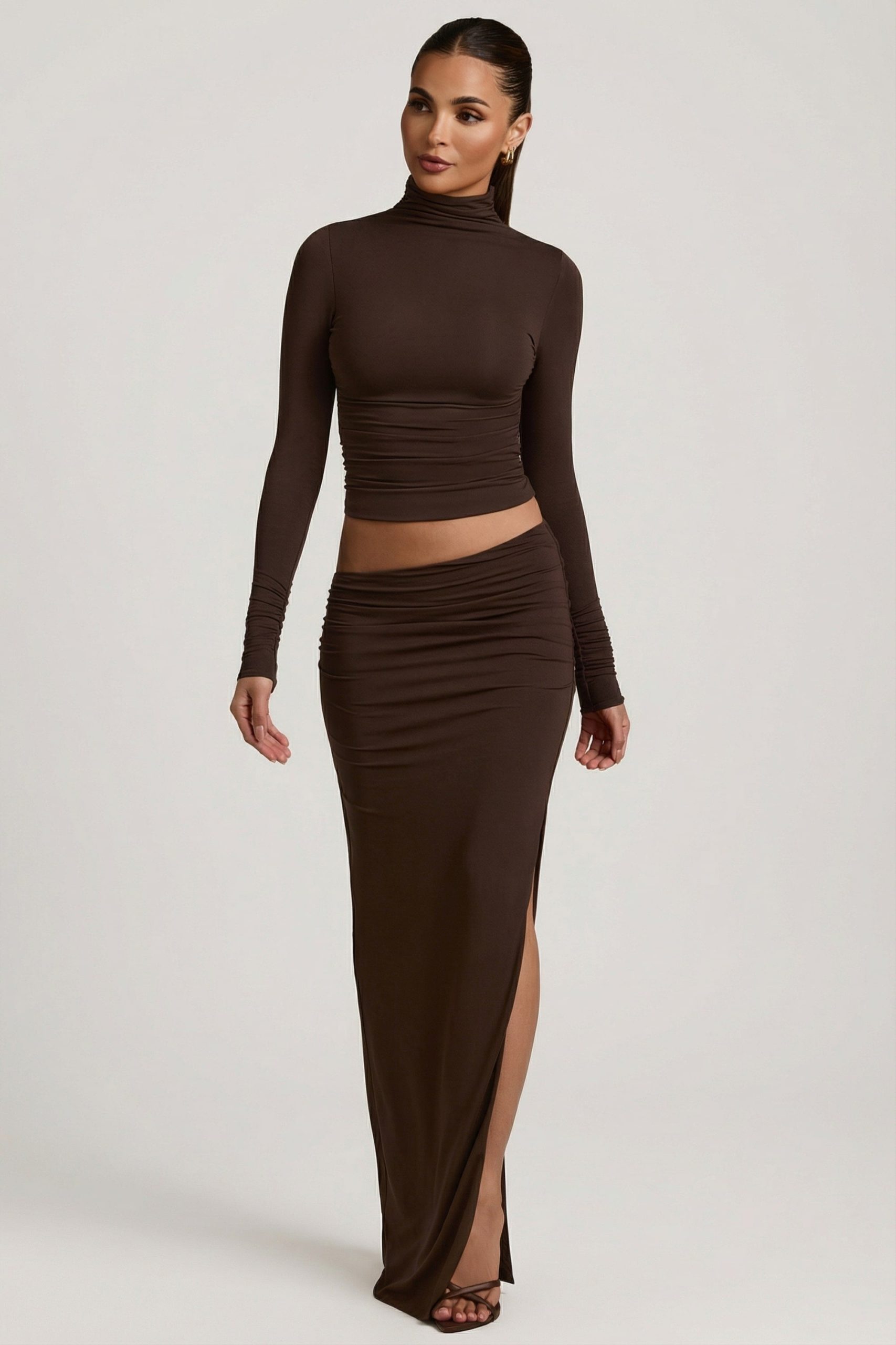 Modal Asymmetric-Waist Maxi Skirt in Chocolate Brown - Image 7
