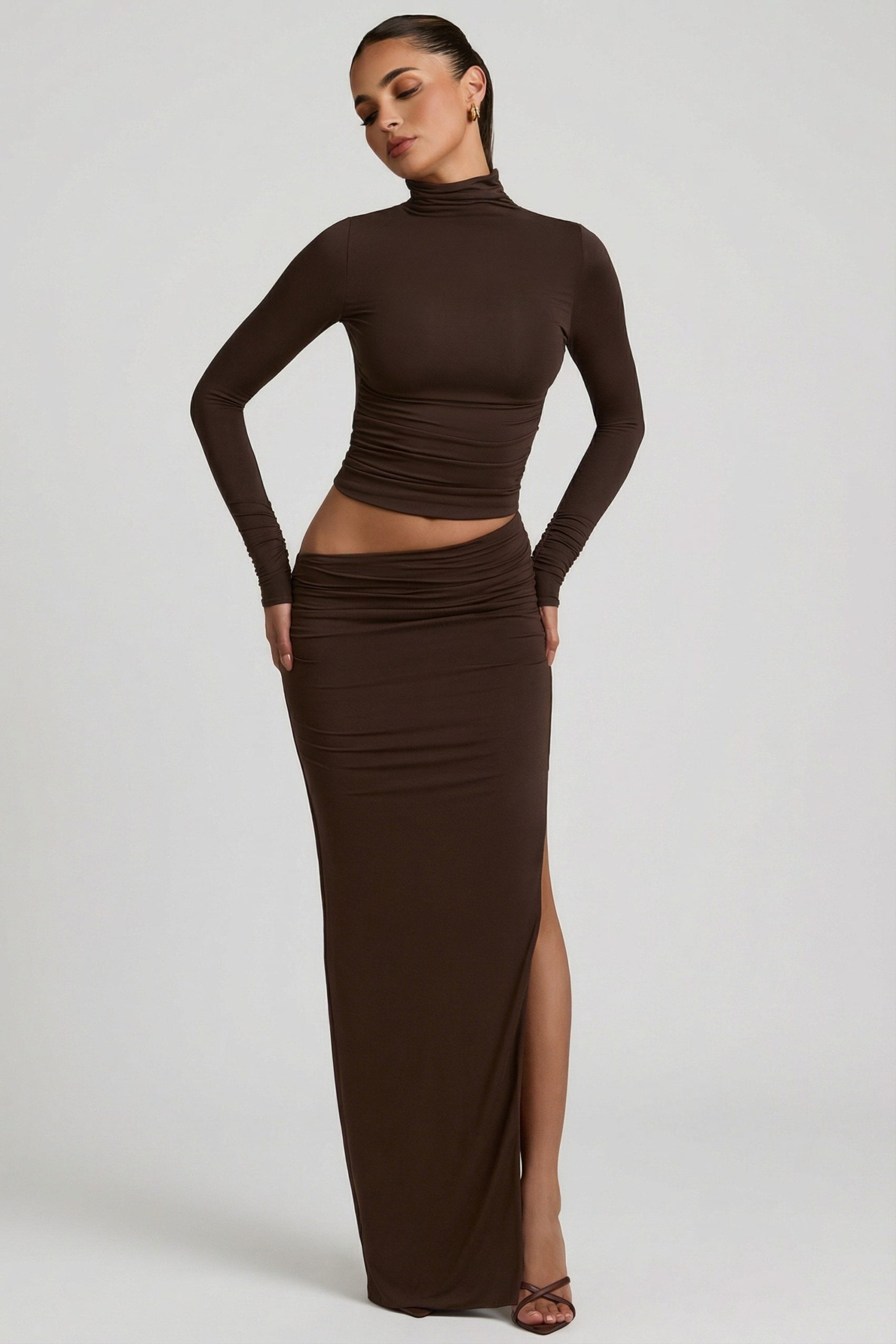 Modal Asymmetric-Waist Maxi Skirt in Chocolate Brown - Image 4