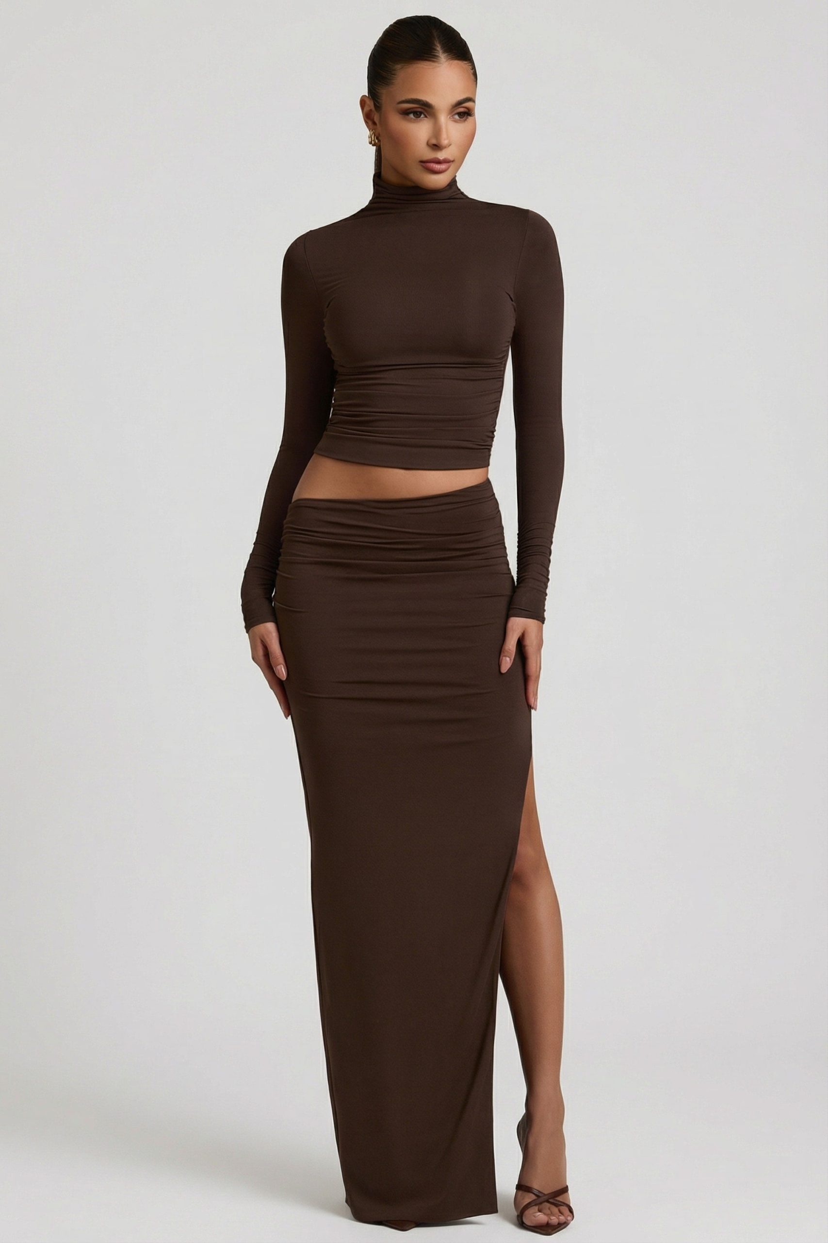 Modal Asymmetric-Waist Maxi Skirt in Chocolate Brown - Image 8