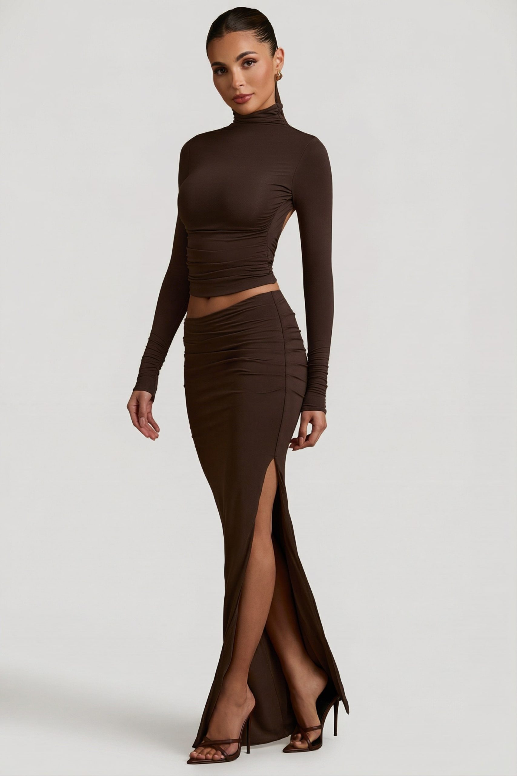 Modal Asymmetric-Waist Maxi Skirt in Chocolate Brown - Image 5