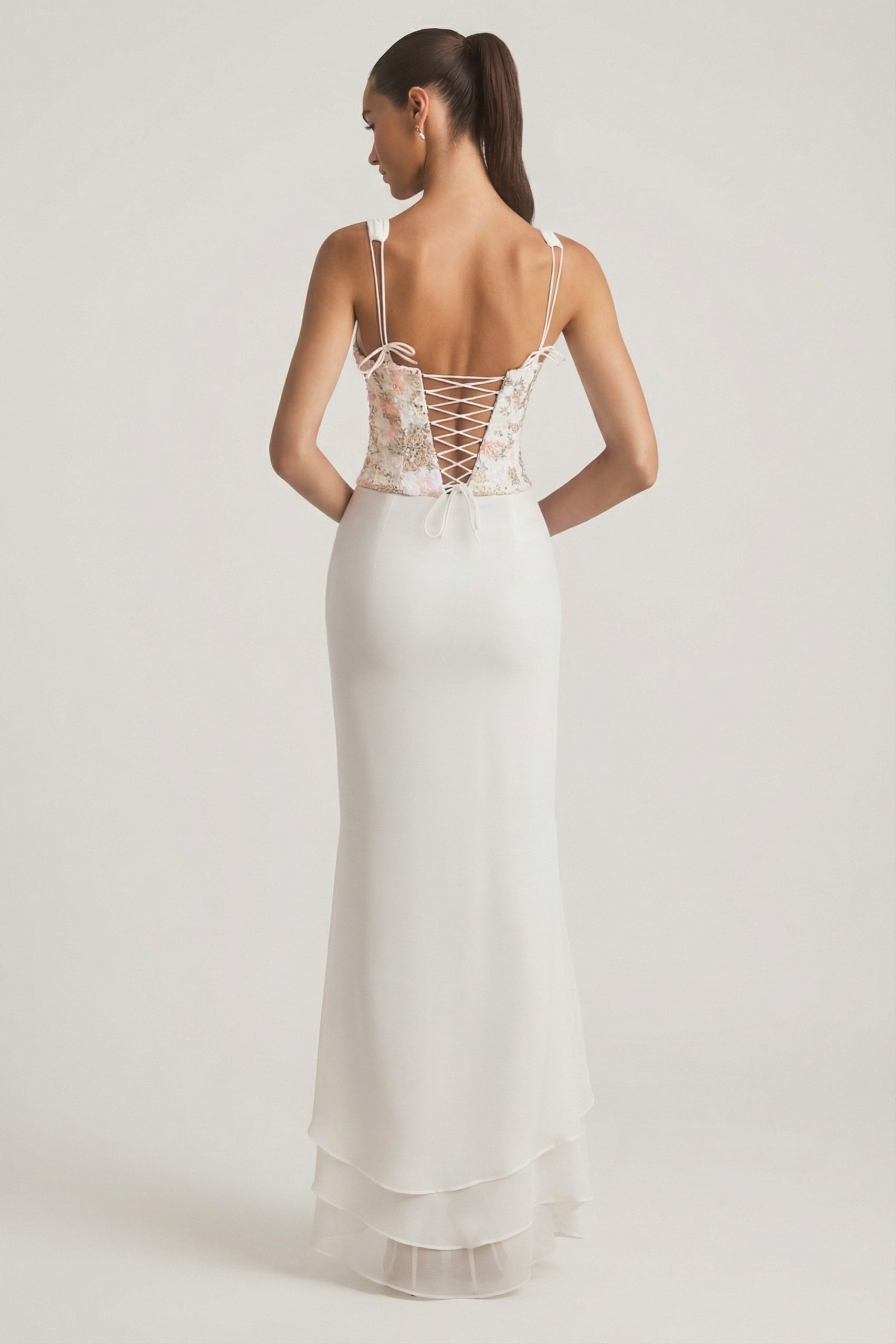 Embellished Plunge Ruffled Corset Maxi Dress in Ivory - Image 2