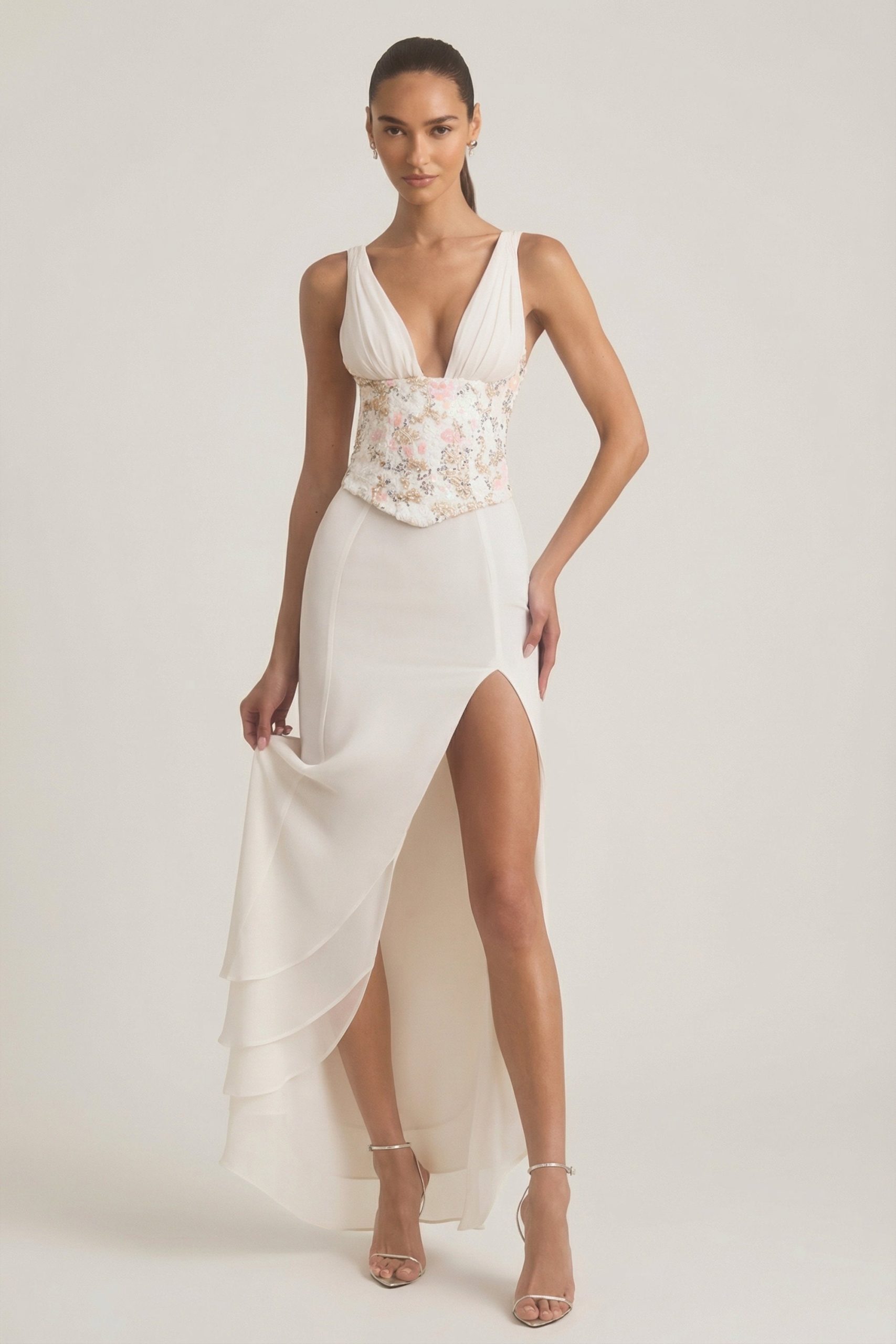 Embellished Plunge Ruffled Corset Maxi Dress in Ivory - Image 7
