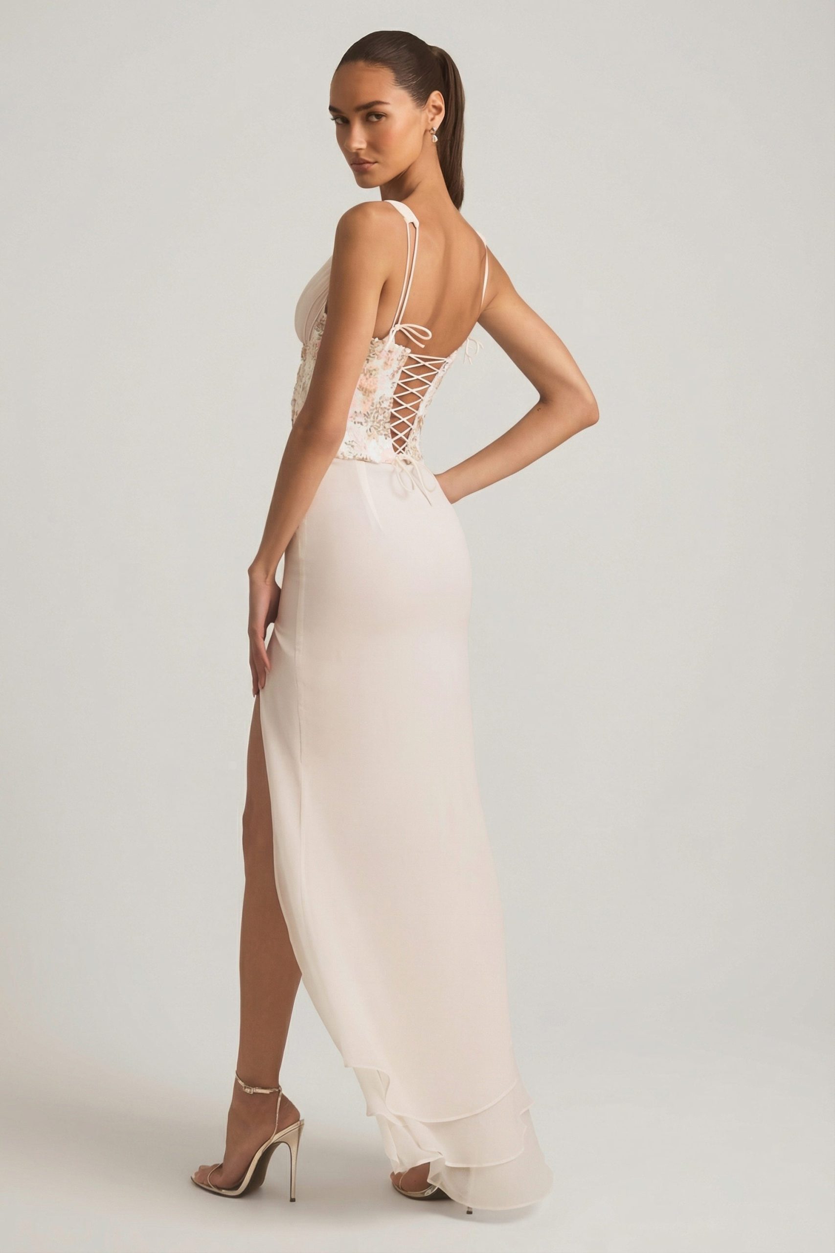 Embellished Plunge Ruffled Corset Maxi Dress in Ivory - Image 6