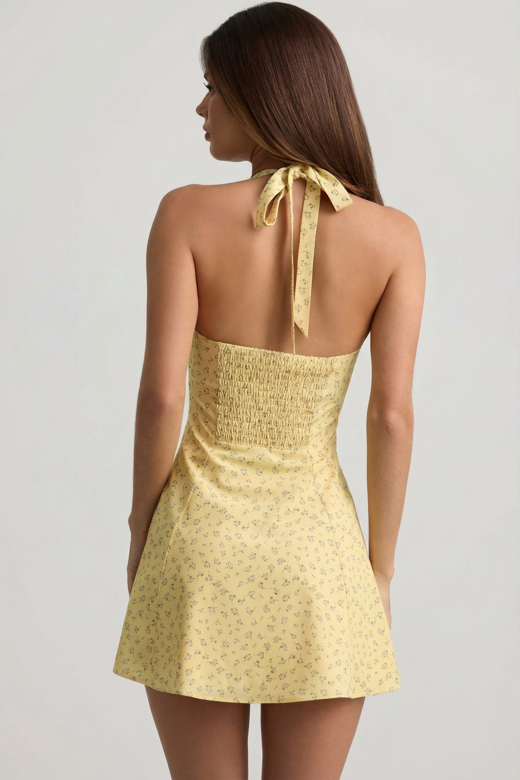 Halterneck A-Line Mini Dress in Yellow Flower Print - Image 5