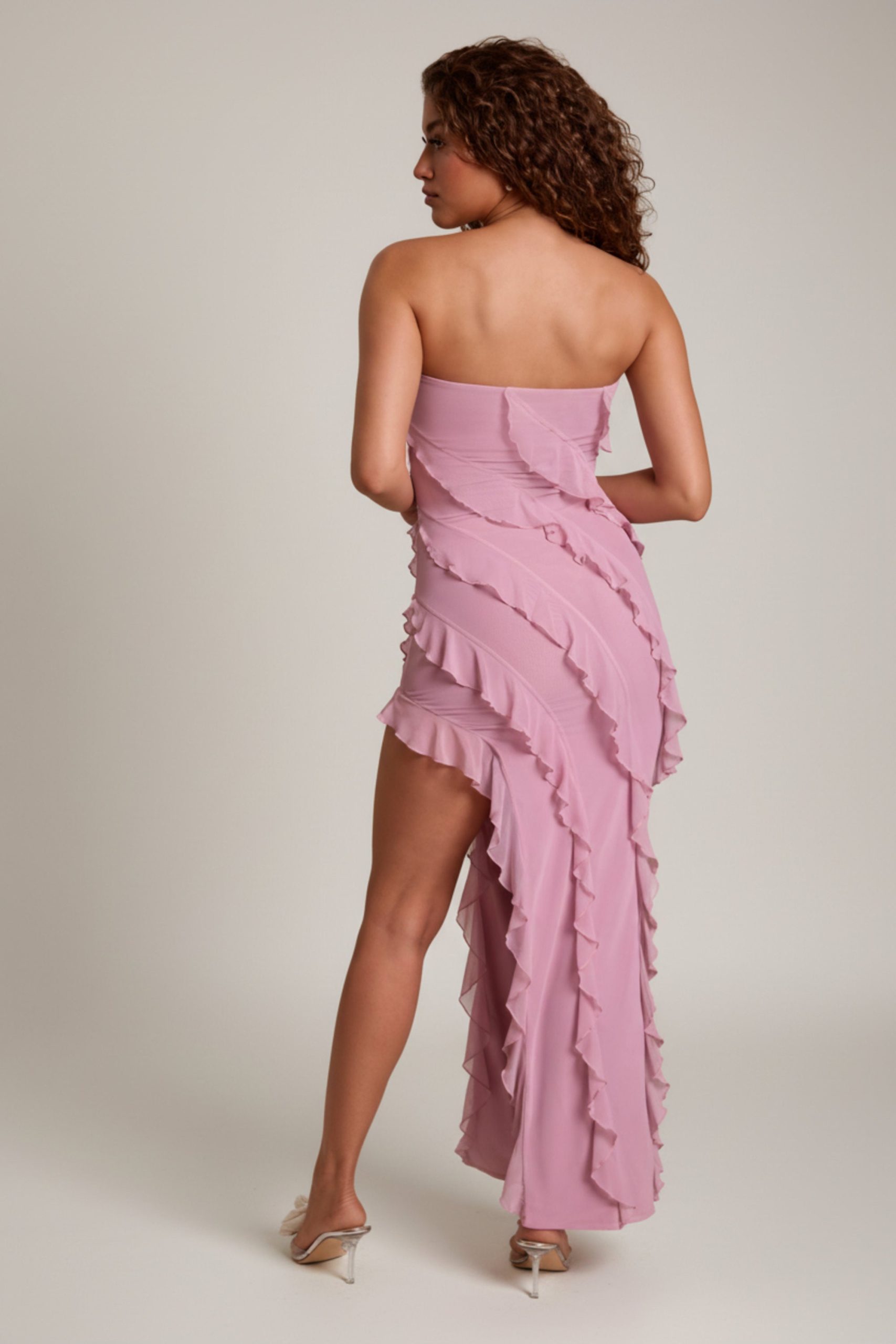 Bandeau Ruffle Detail Maxi Dress in Dusty Pink - Image 2