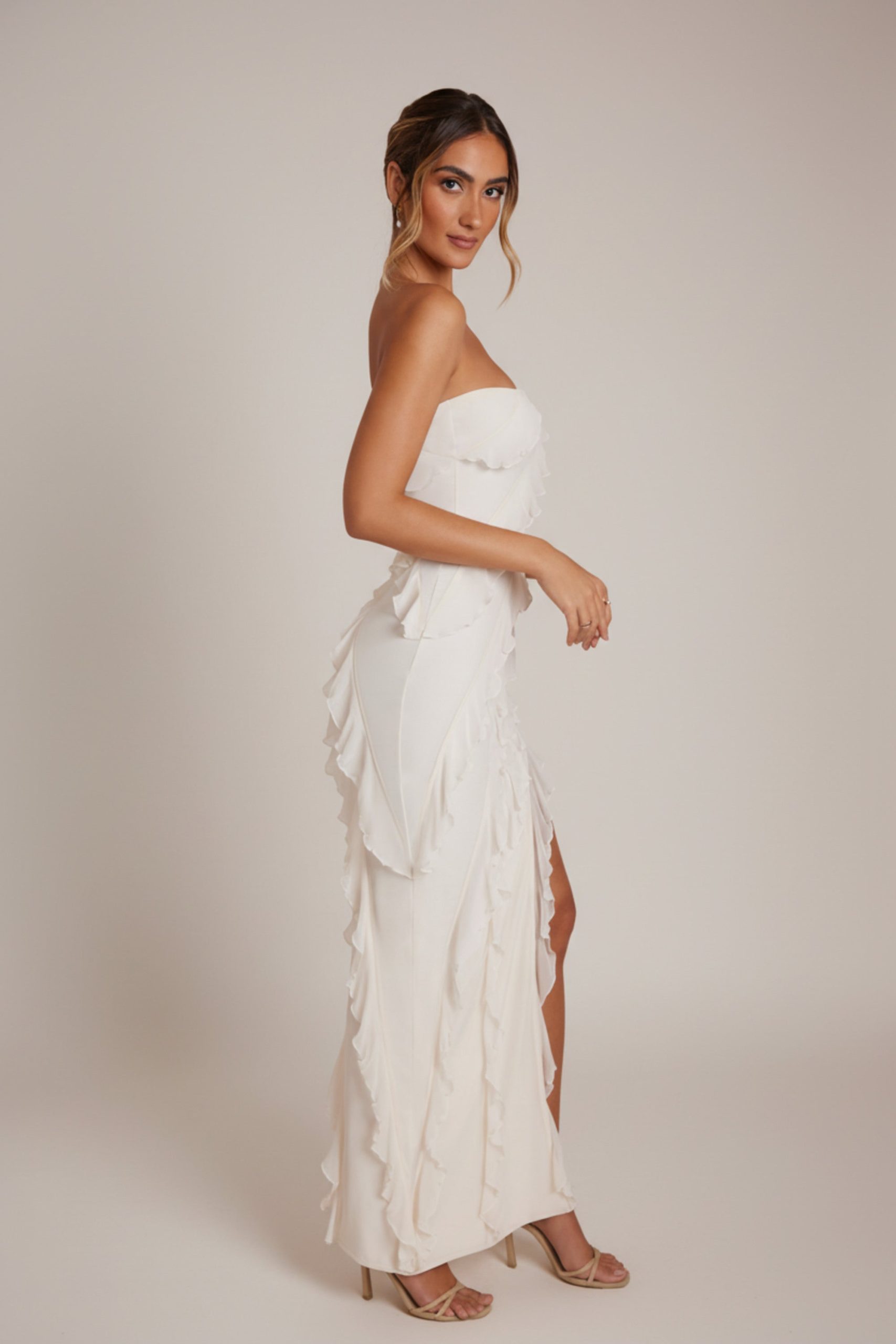 Bandeau Ruffle Detail Maxi Dress in Ivory - Image 8