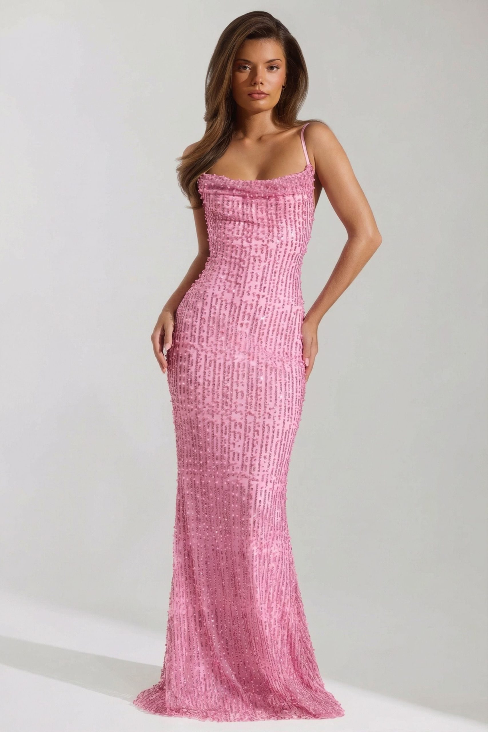 Embellished Cowl-Neck Backless Maxi Dress in Pink - Image 6