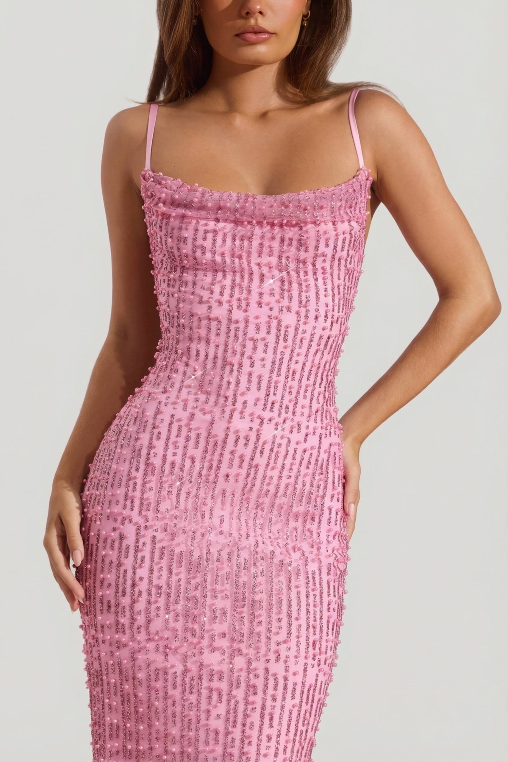 Embellished Cowl-Neck Backless Maxi Dress in Pink - Image 3