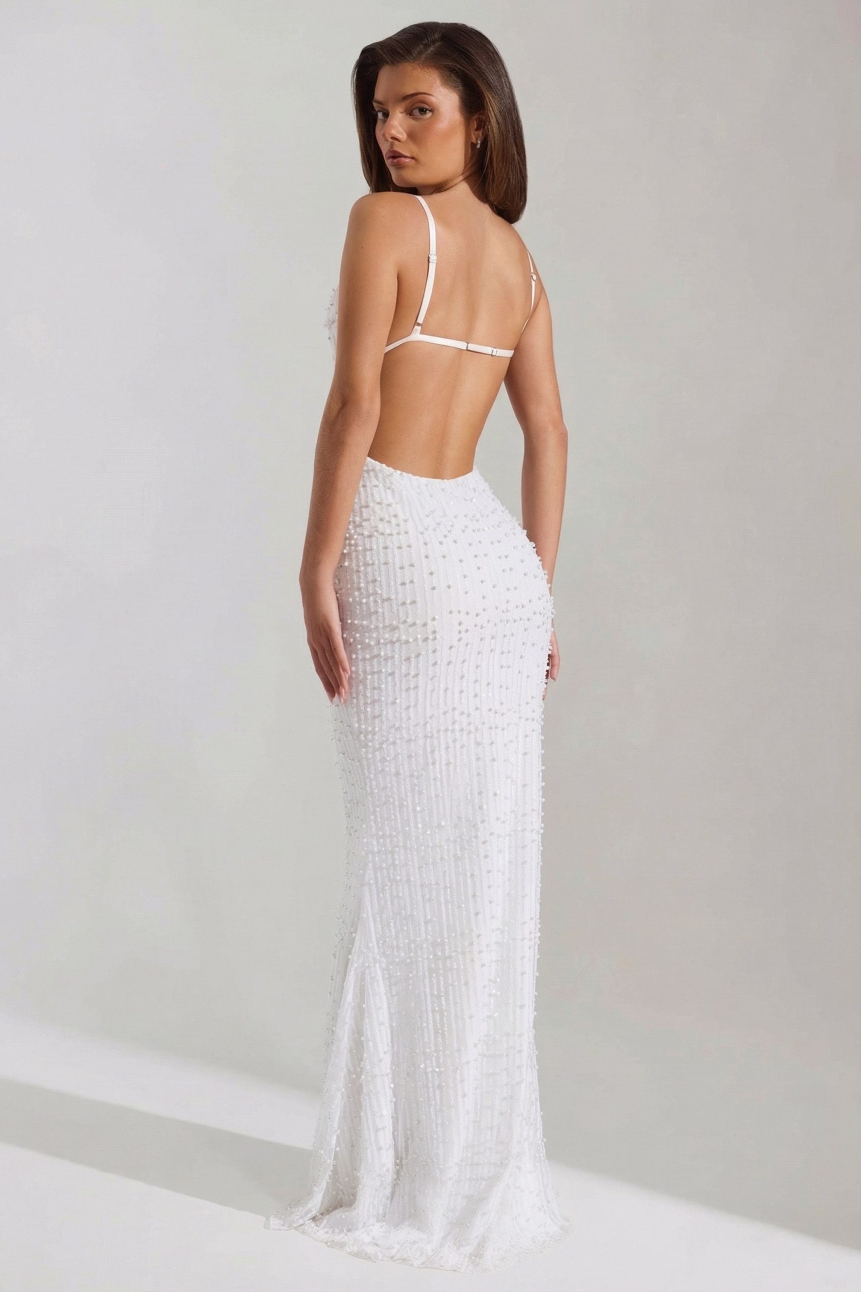 Embellished Cowl-Neck Backless Maxi Dress in White - Image 8