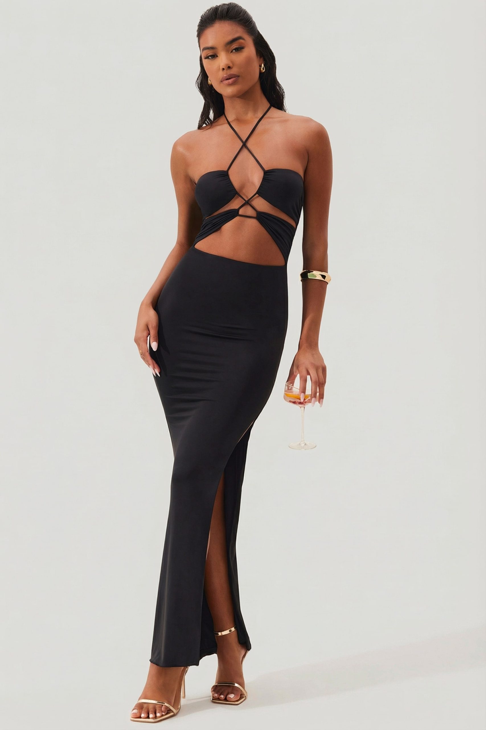 Cut Out Halter Neck Floor Length Maxi Dress in Black - Image 9