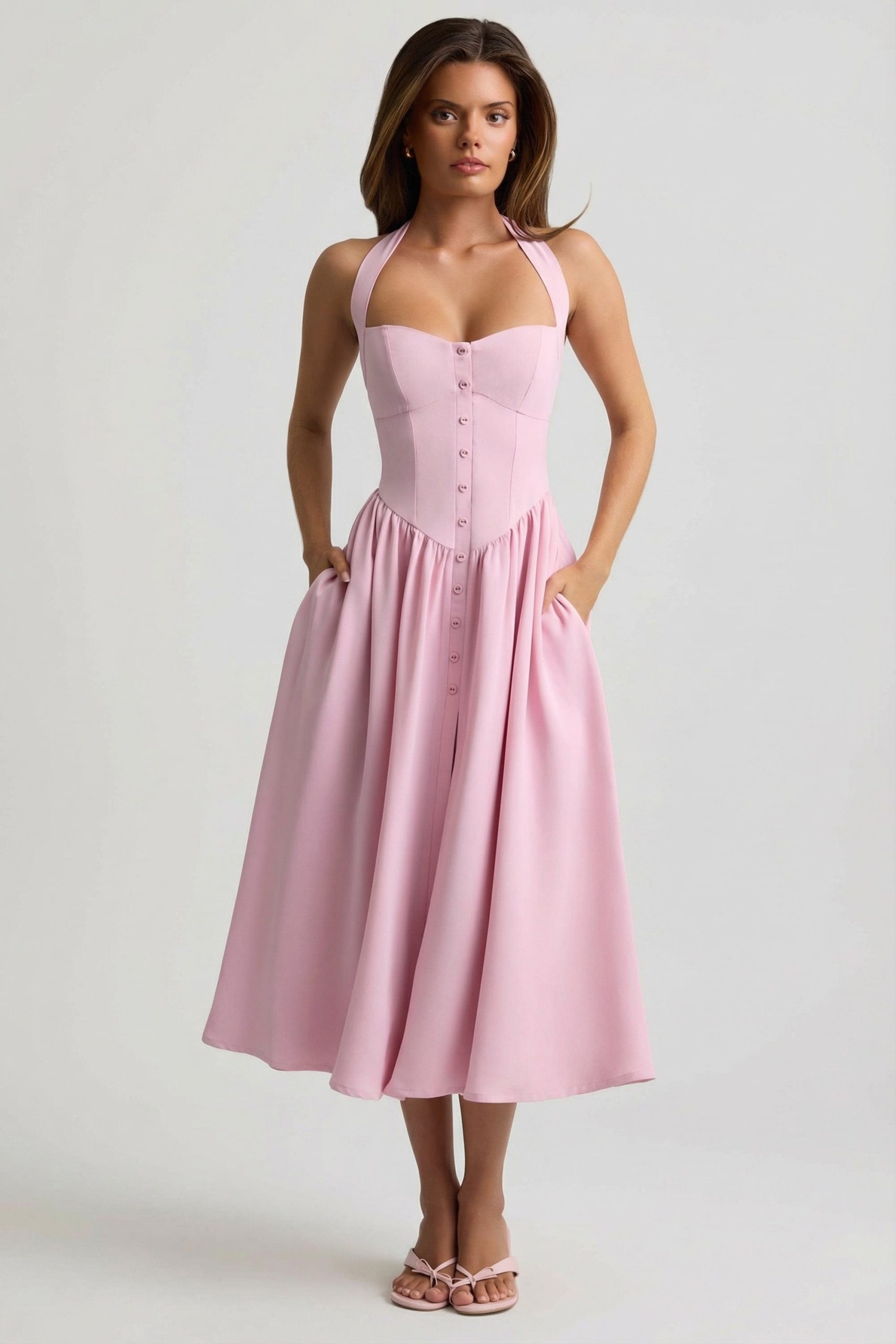 Button-Detail Halterneck Midaxi Dress in Soft Pink - Image 6