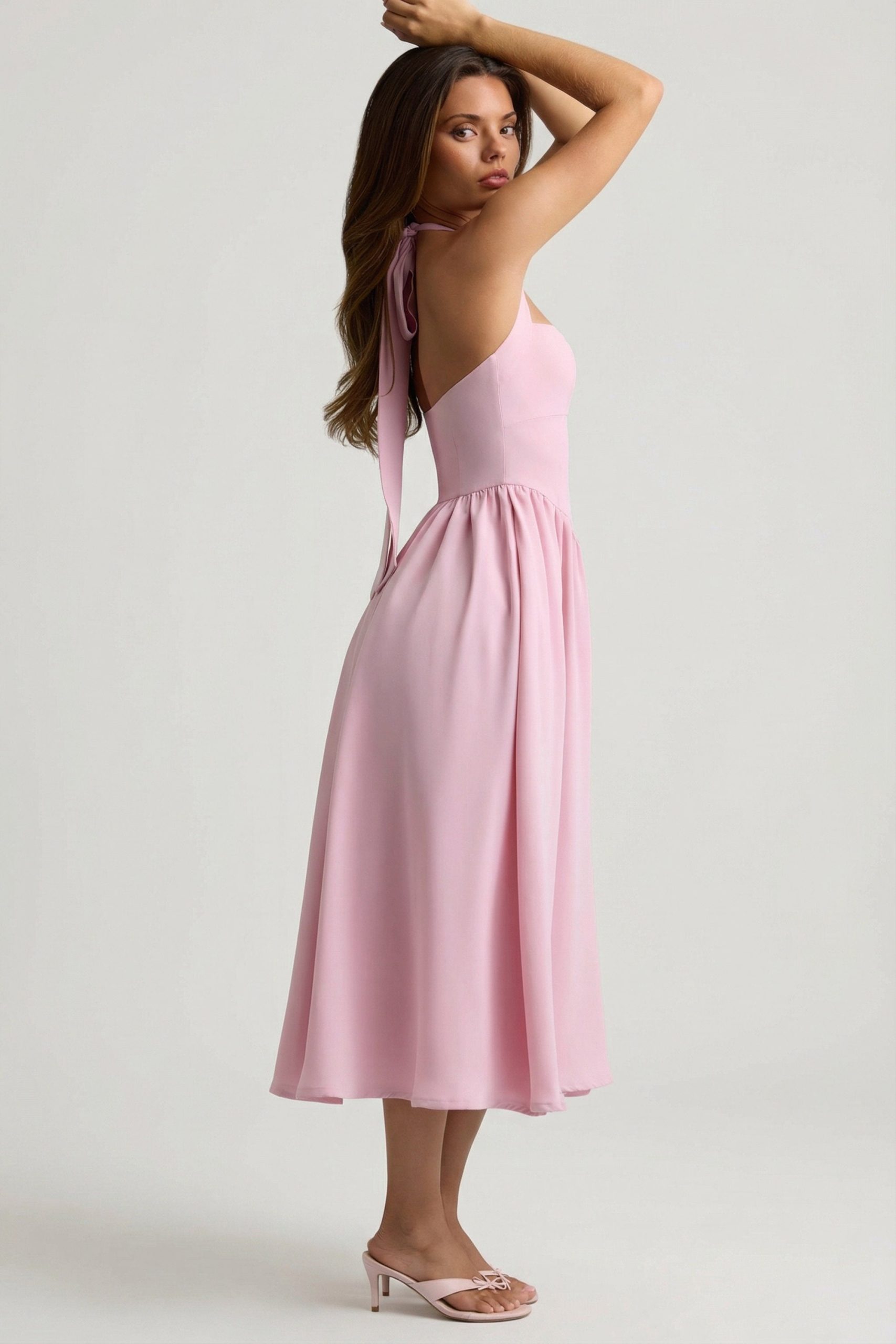 Button-Detail Halterneck Midaxi Dress in Soft Pink - Image 3