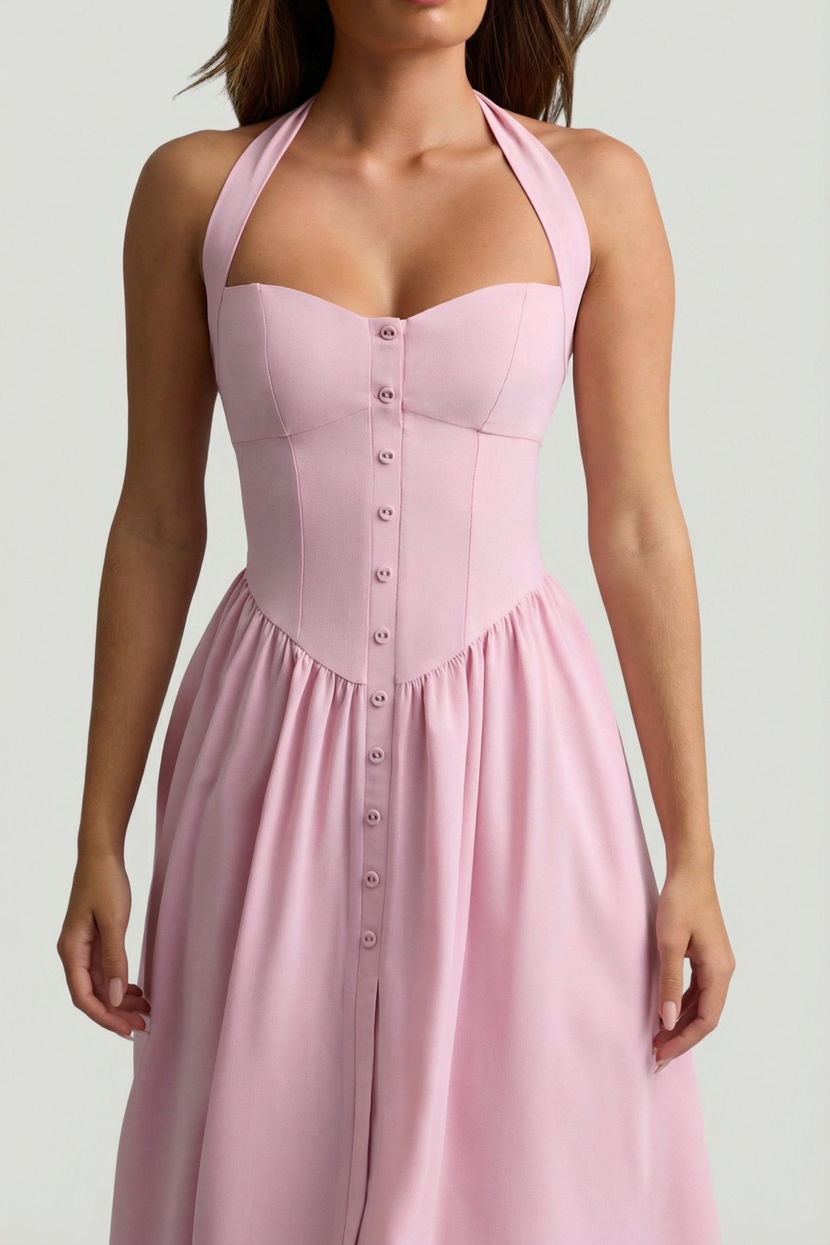 Button-Detail Halterneck Midaxi Dress in Soft Pink - Image 4