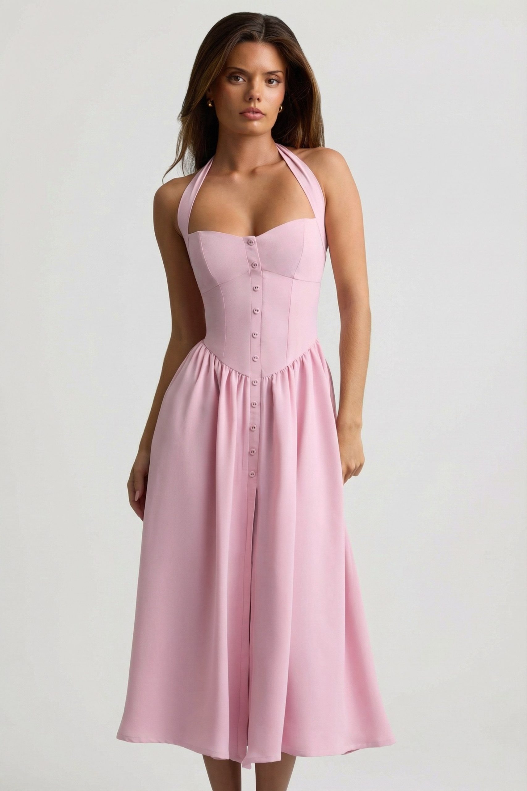 Button-Detail Halterneck Midaxi Dress in Soft Pink - Image 7