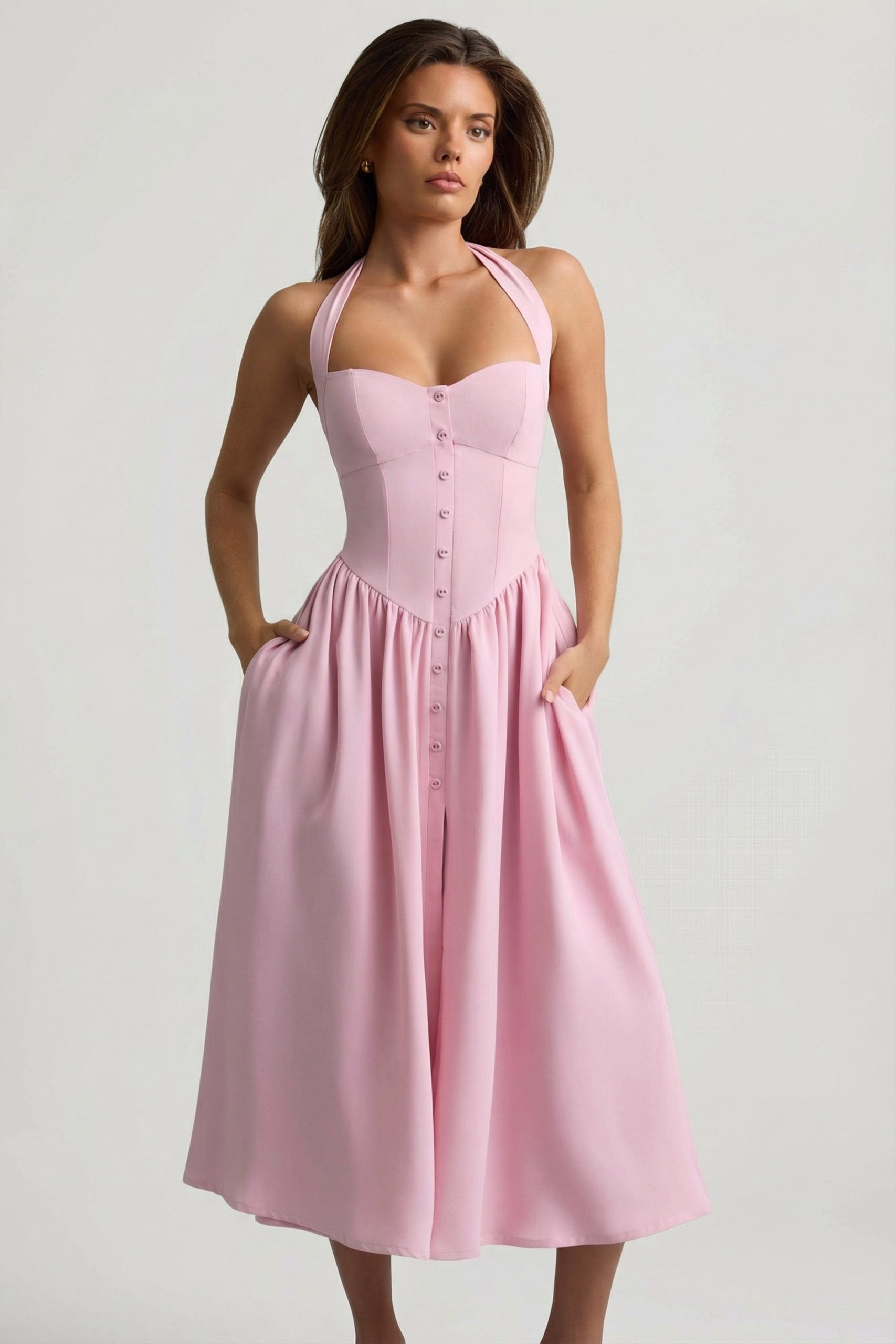 Button-Detail Halterneck Midaxi Dress in Soft Pink - Image 8