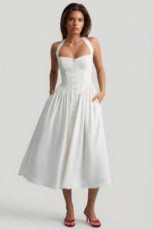 Button-Detail Halterneck Midaxi Dress in White