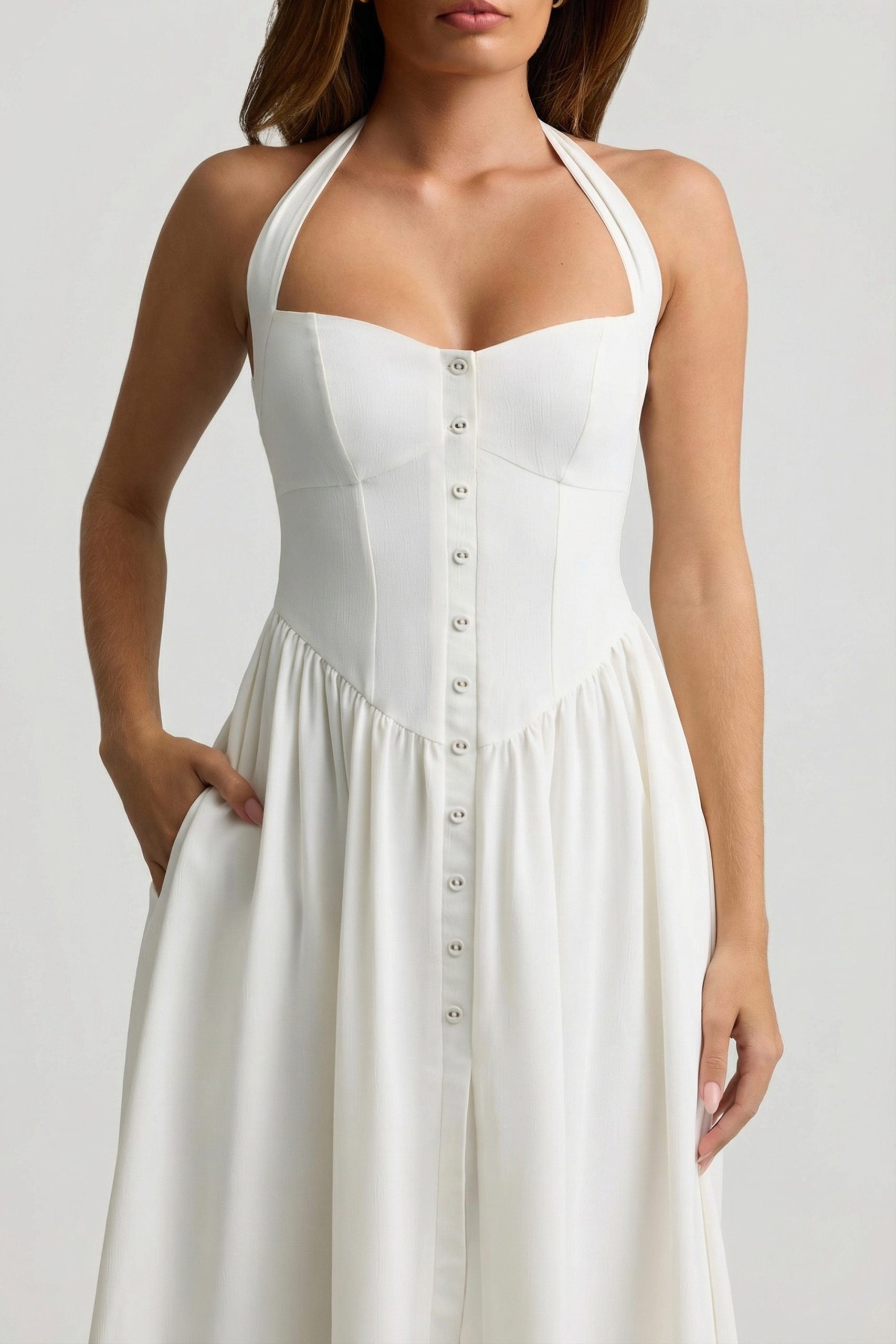 Button-Detail Halterneck Midaxi Dress in White - Image 4