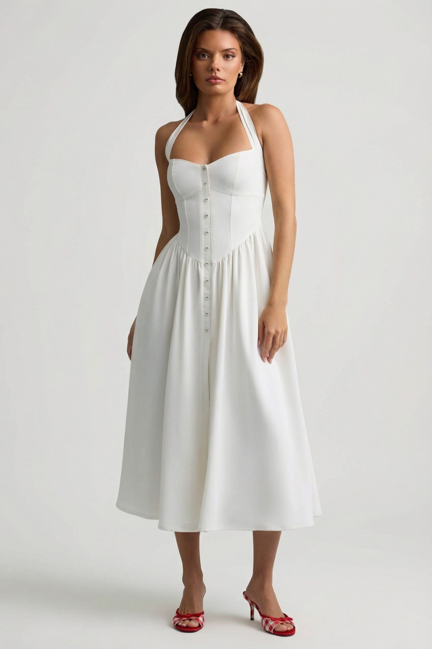 Button-Detail Halterneck Midaxi Dress in White - Image 7