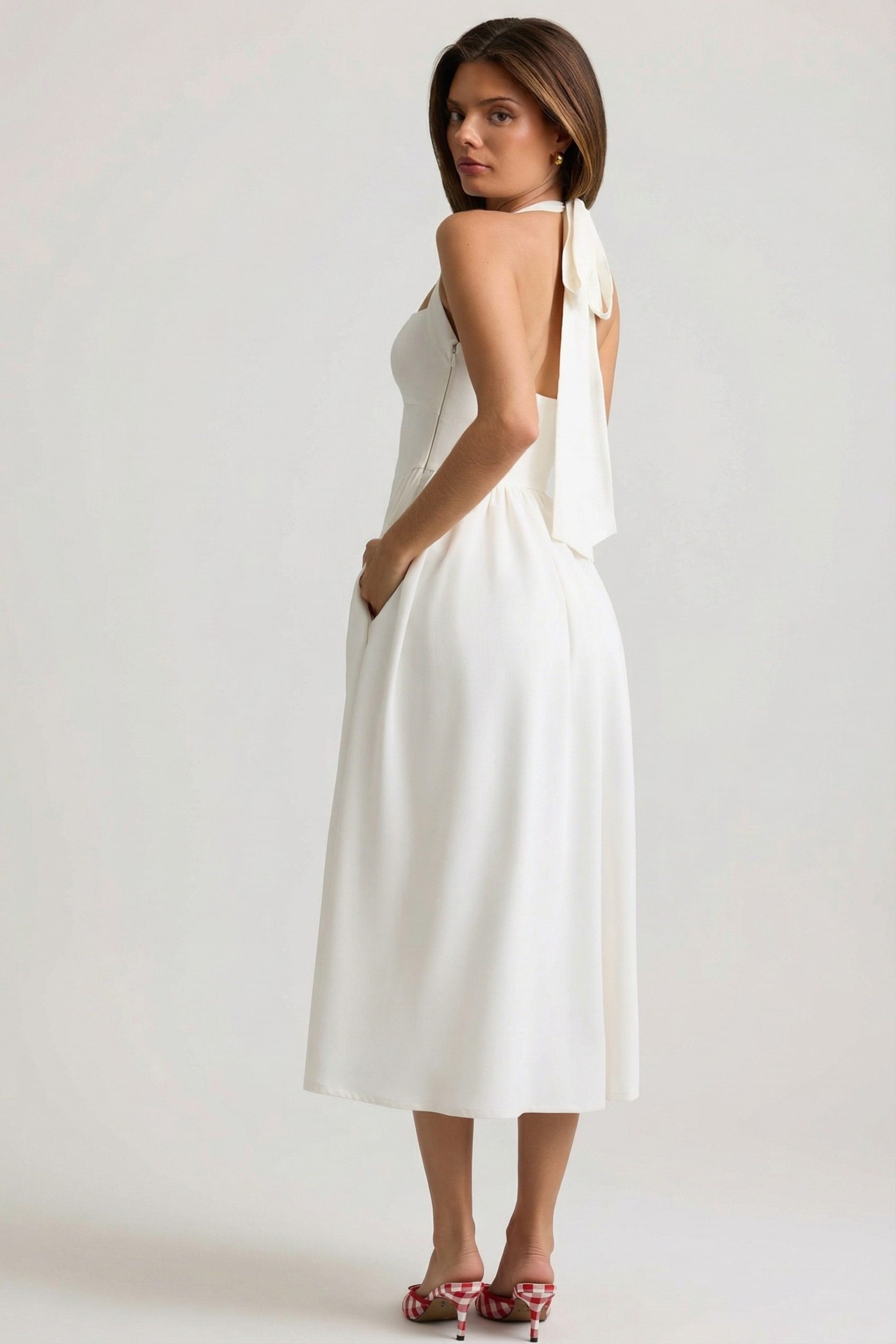 Button-Detail Halterneck Midaxi Dress in White - Image 2