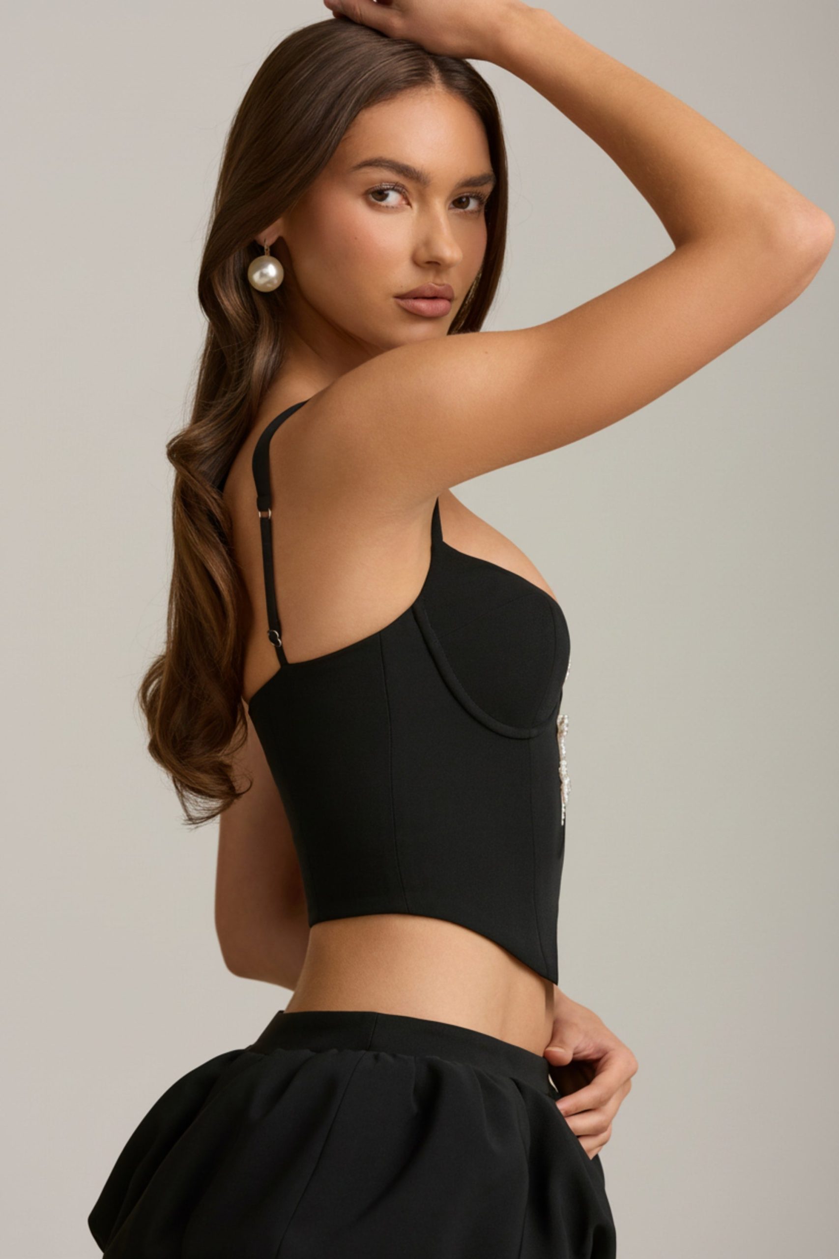 Cut-Out Bow-Detail Corset Top in Black - Image 3