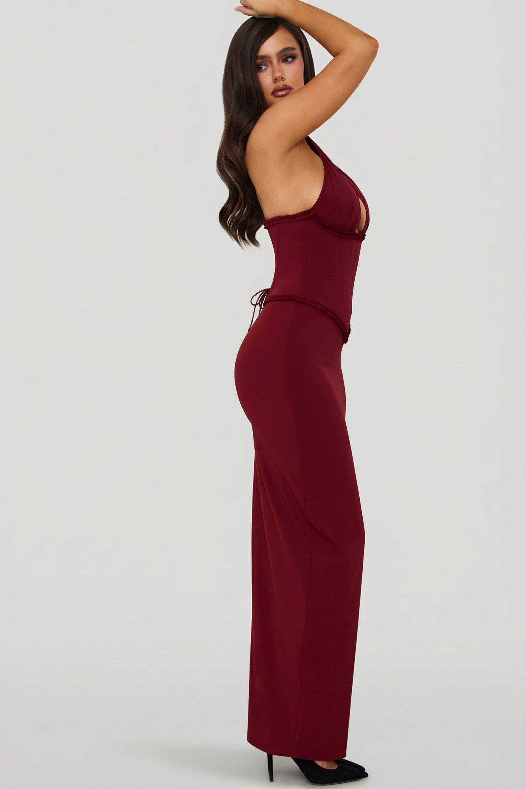 Halterneck Lace-Up Corset Maxi Dress in Berry Red - Image 4