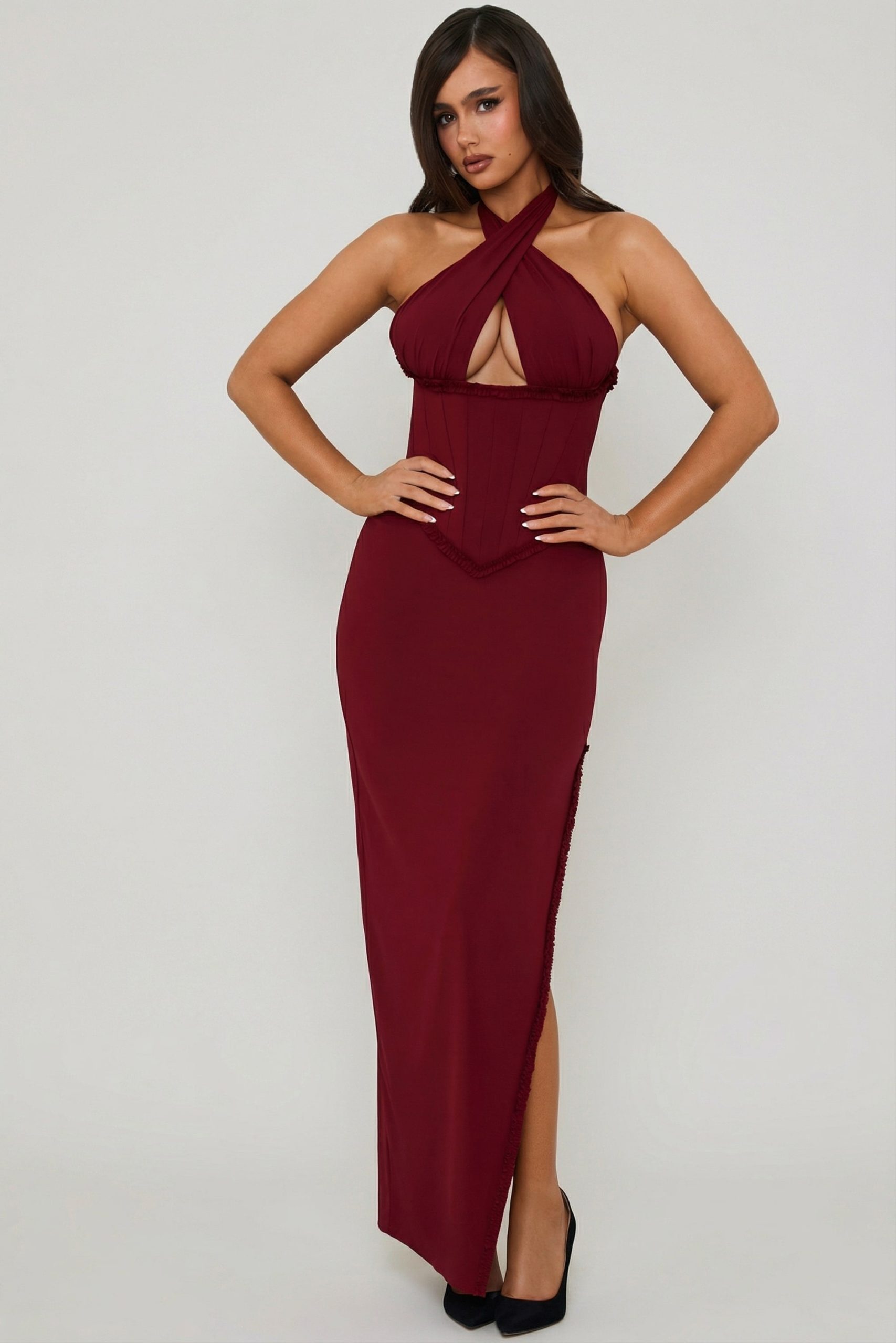 Halterneck Lace-Up Corset Maxi Dress in Berry Red - Image 6