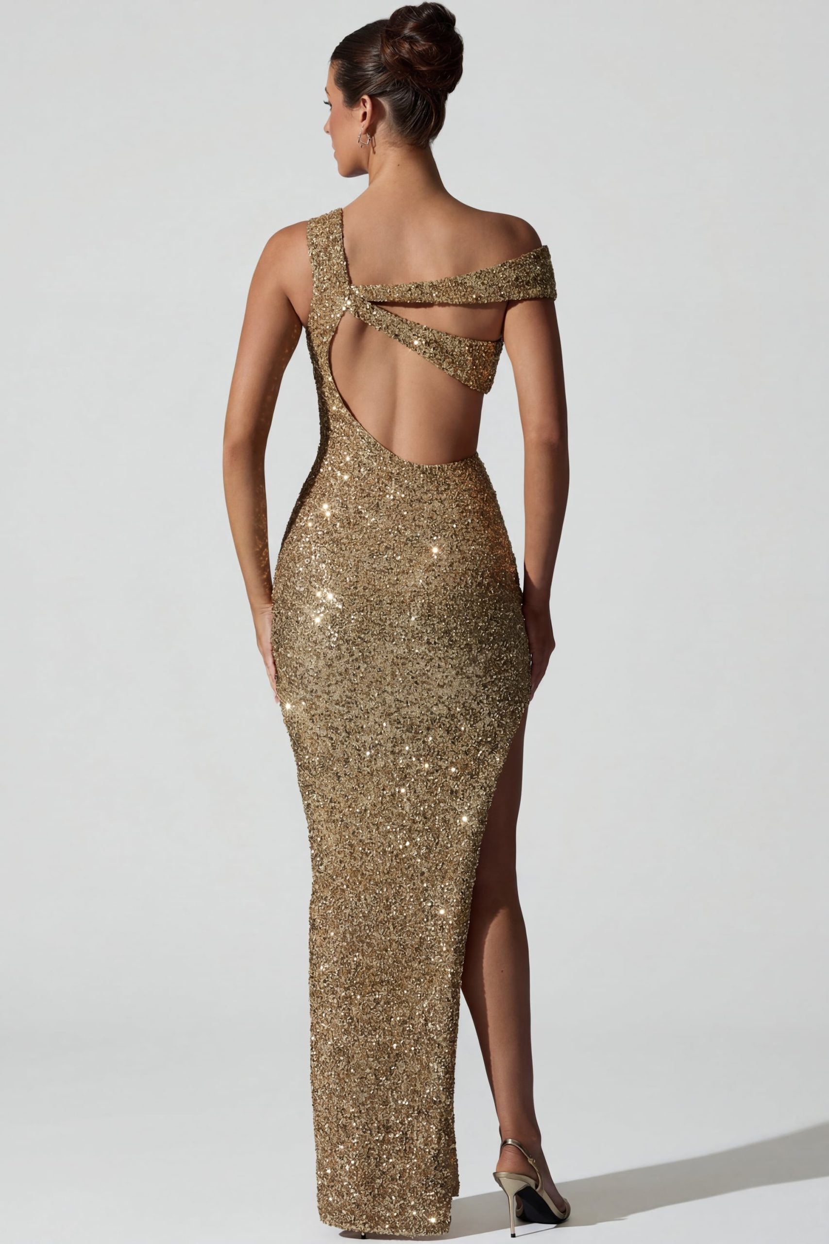 Embellished Asymmetric Cut-Out Gown in Gold - Image 2