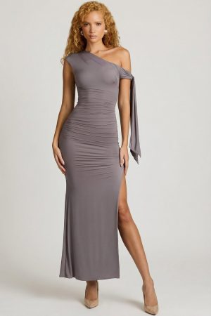 Off-Shoulder Ruched Tie-Detail Maxi Dress in Steel Grey