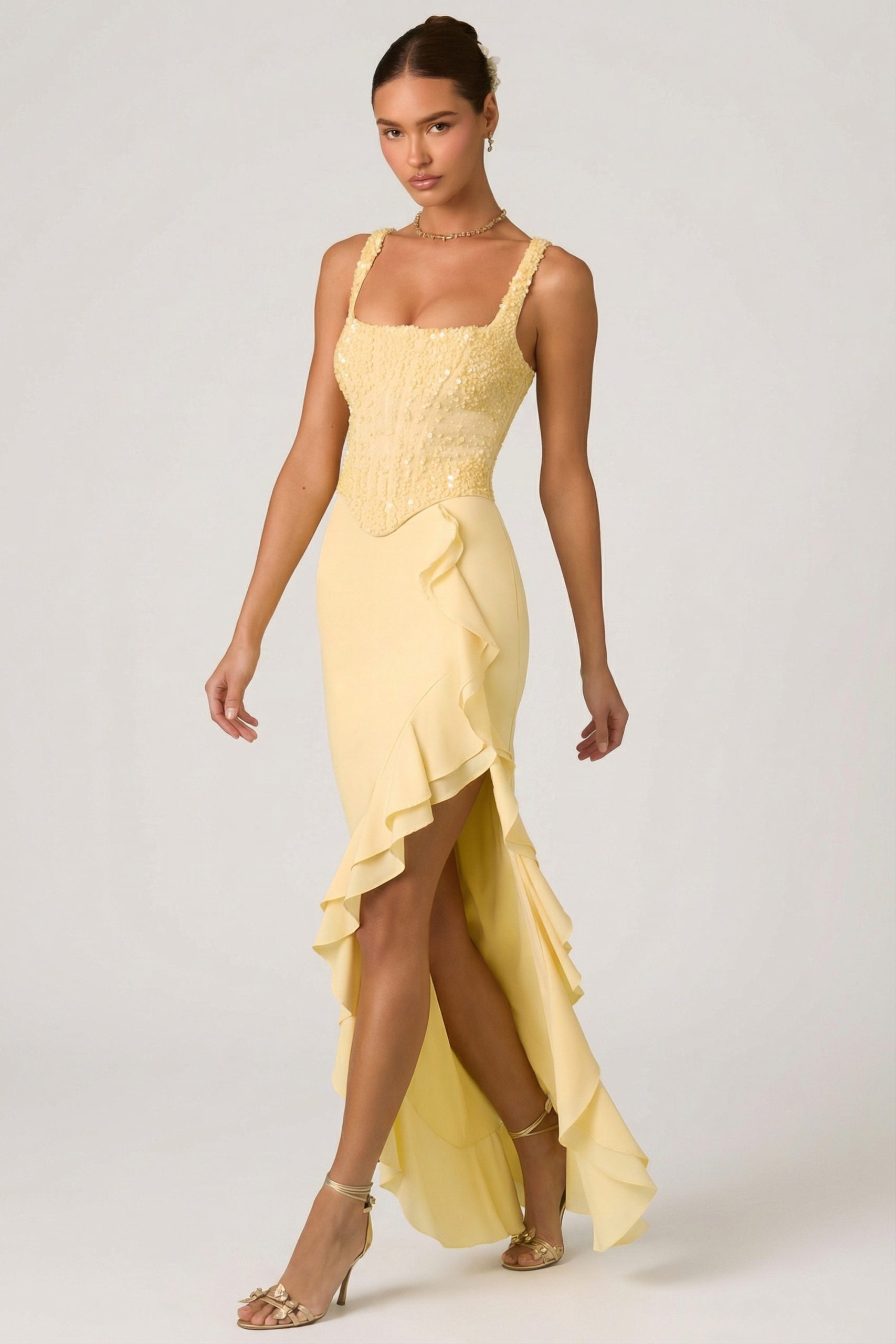 Embellished Ruffle-Trim Corset Gown in Yellow - Image 6