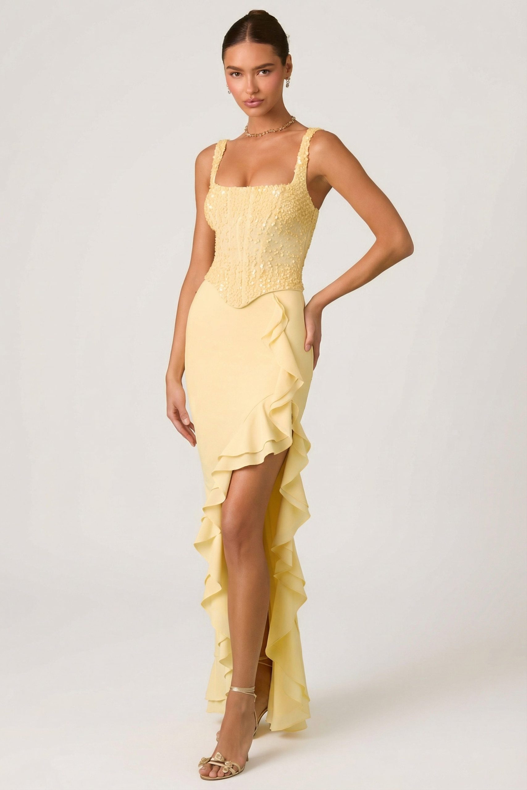 Embellished Ruffle-Trim Corset Gown in Yellow - Image 8