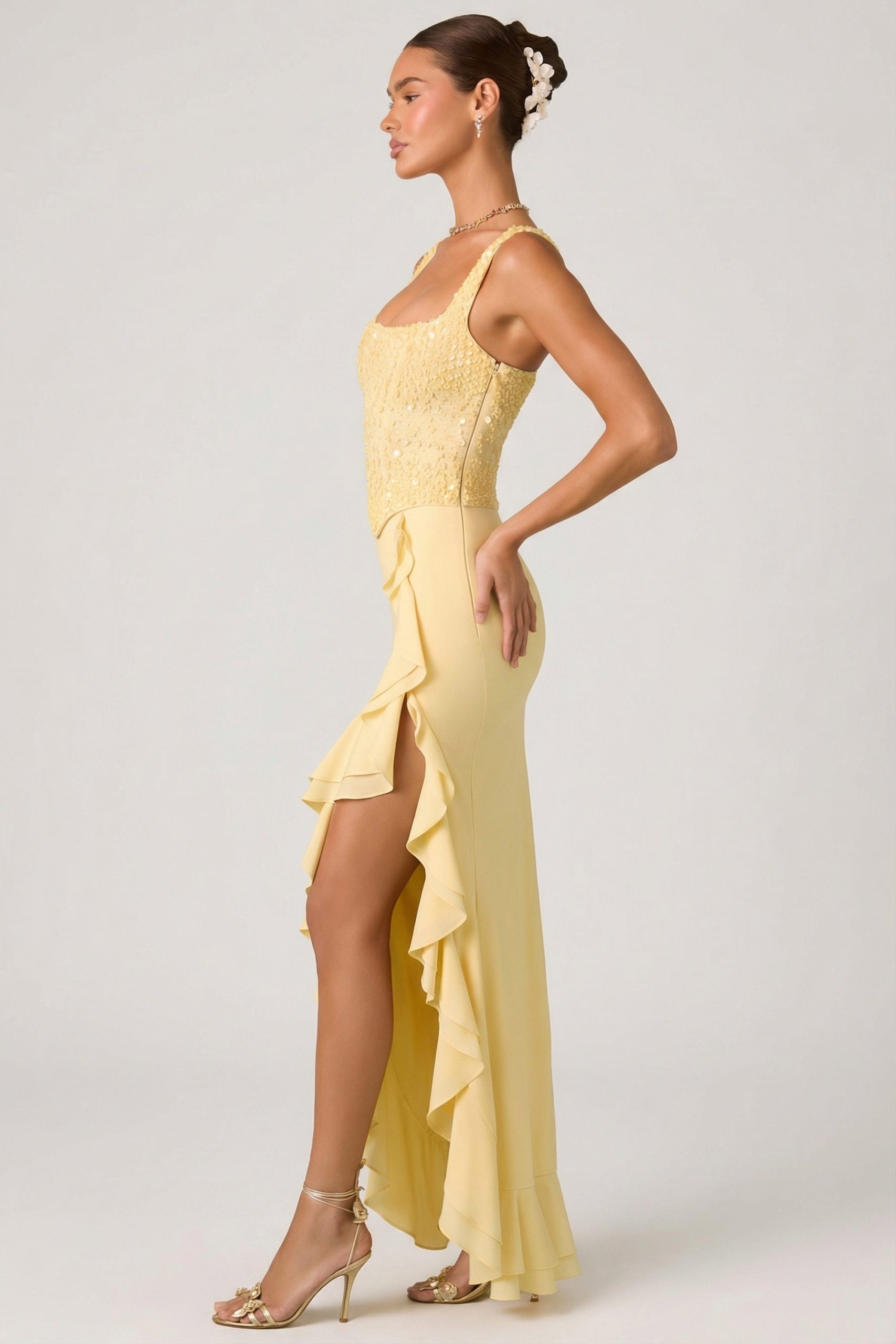 Embellished Ruffle-Trim Corset Gown in Yellow - Image 7